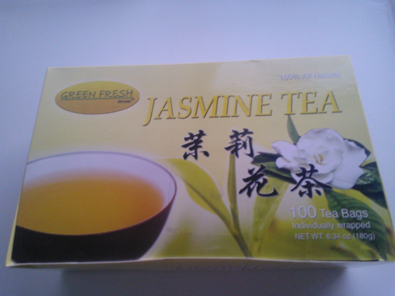 Green Fresh Jasmine Tea 100% All Natural, (200 g) 100 Tea Bags Individually Wrapped