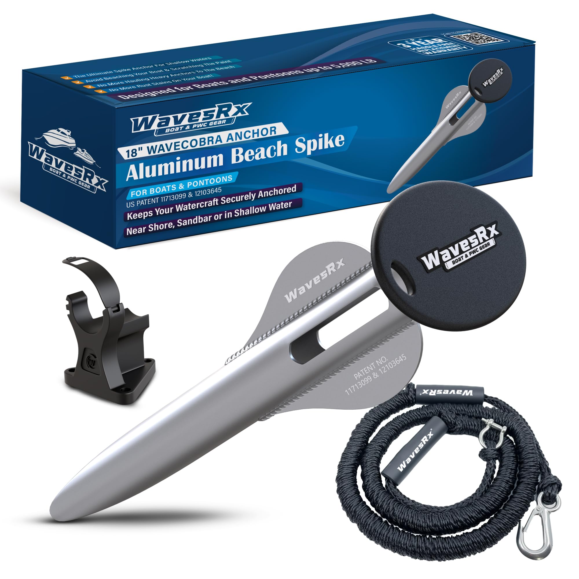 WAVESRX Beach Anchoring Bundle for Boats & Pontoons | 18" WaveCobra Aluminum Spike Stern Anchor + 7ft AnchorMate Bungee (Stretches to 25ft) | Ultra-Light Patented Design Keeps Boats Securely Anchored