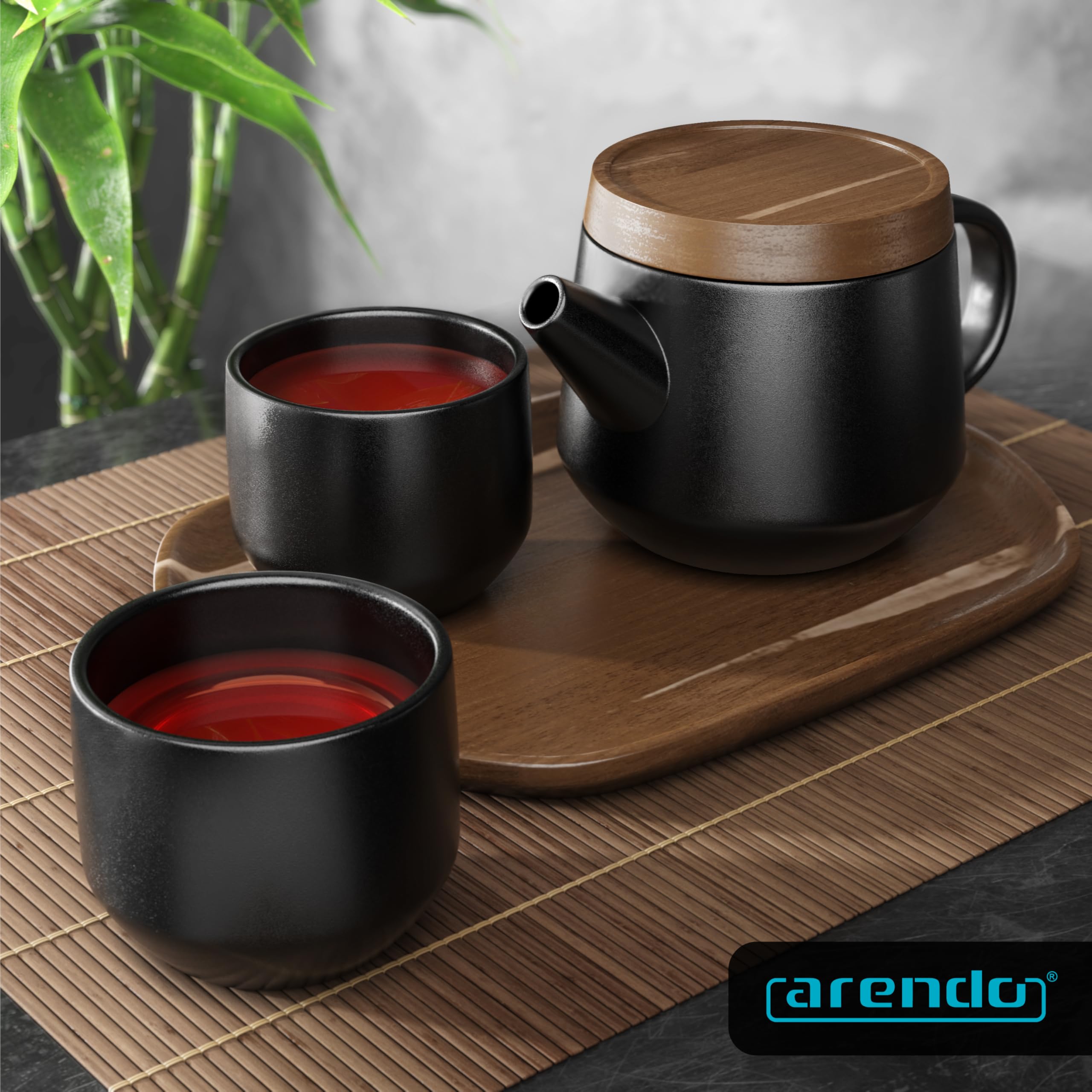 Arendo - Teeservice Set, Keramik Teekannen Set, Teekanne Porzellan, Japanische Teekanne mit Teesieb 0,6 Liter, Teekanne mit Deckel Untersetzer 2 Tassen und Tablett