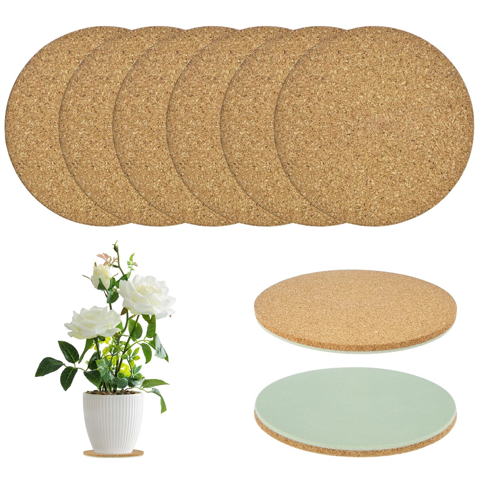 M METERXITY 3-Pack Cork Plant Coasters, 4 Inch Double Layers Hard Thick Cork Planter Coaster for Garden/Patio/Office/Kitchen/Courtyard/Indoor Outdoor/DIY Craft Project [Teal, Wood Tone]