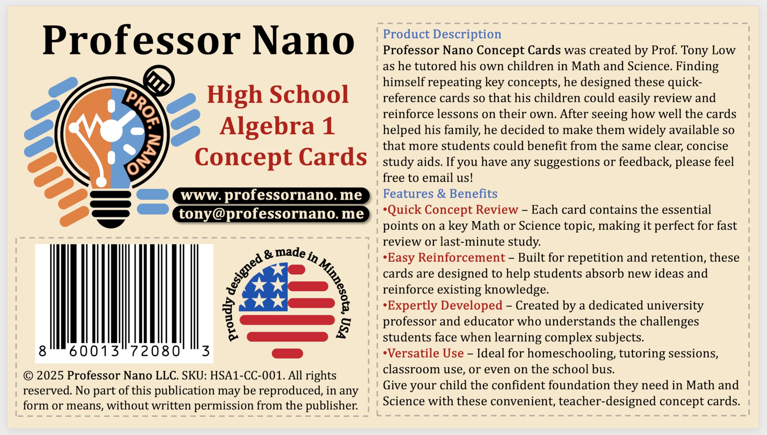 Professor Nano High School Algebra 1 Concept Cards (4x7.11 inches, Set of 10) Cheat Sheet, Quickstudy - Image 5