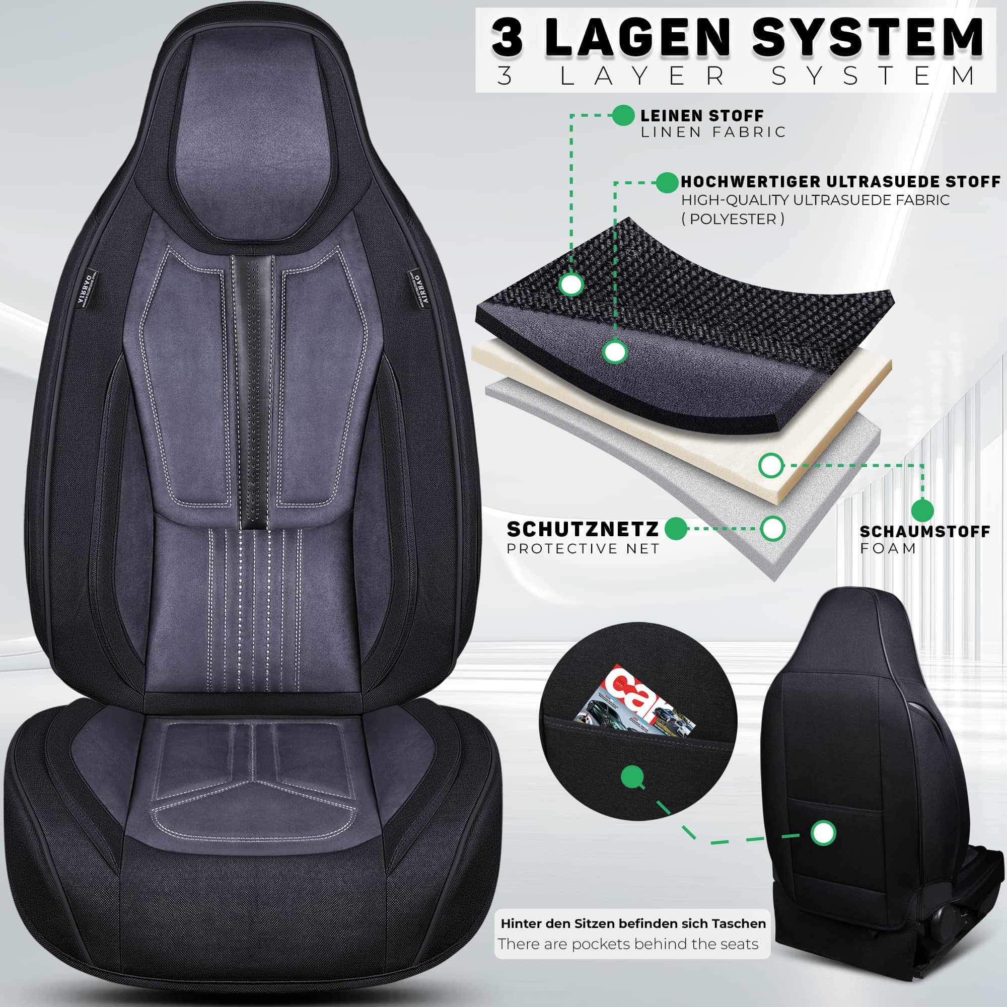 Autositzbezüge Universal für PKW & SUV – Premium Schonbezüge Komplettset Schwarz/Grau, hochwertig verarbeitet für mehr Sitzkomfort, Airbag-kompatibel Sitzauflage, für Vorder- und Rücksitze