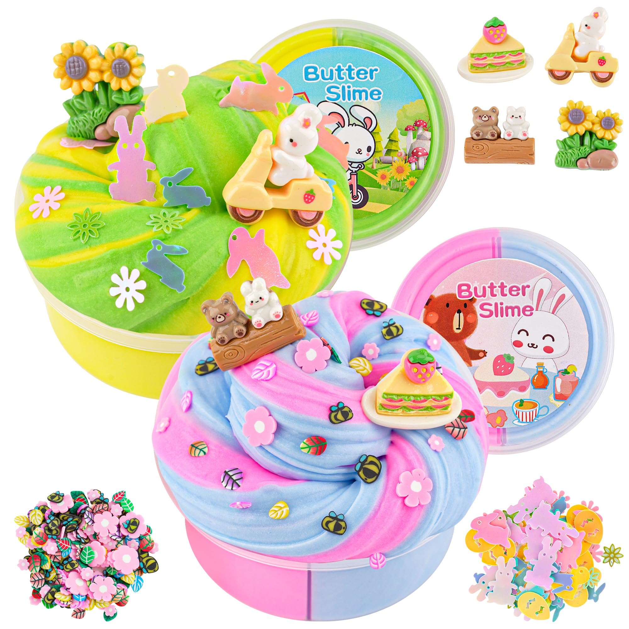 LAWOHO 2X120ml Butter Slime Kit Includes Two-Toned Butter Slimes with 6 Packs Add-Ins, Easter Slime Making Kit for Kids Party Favors Birthday