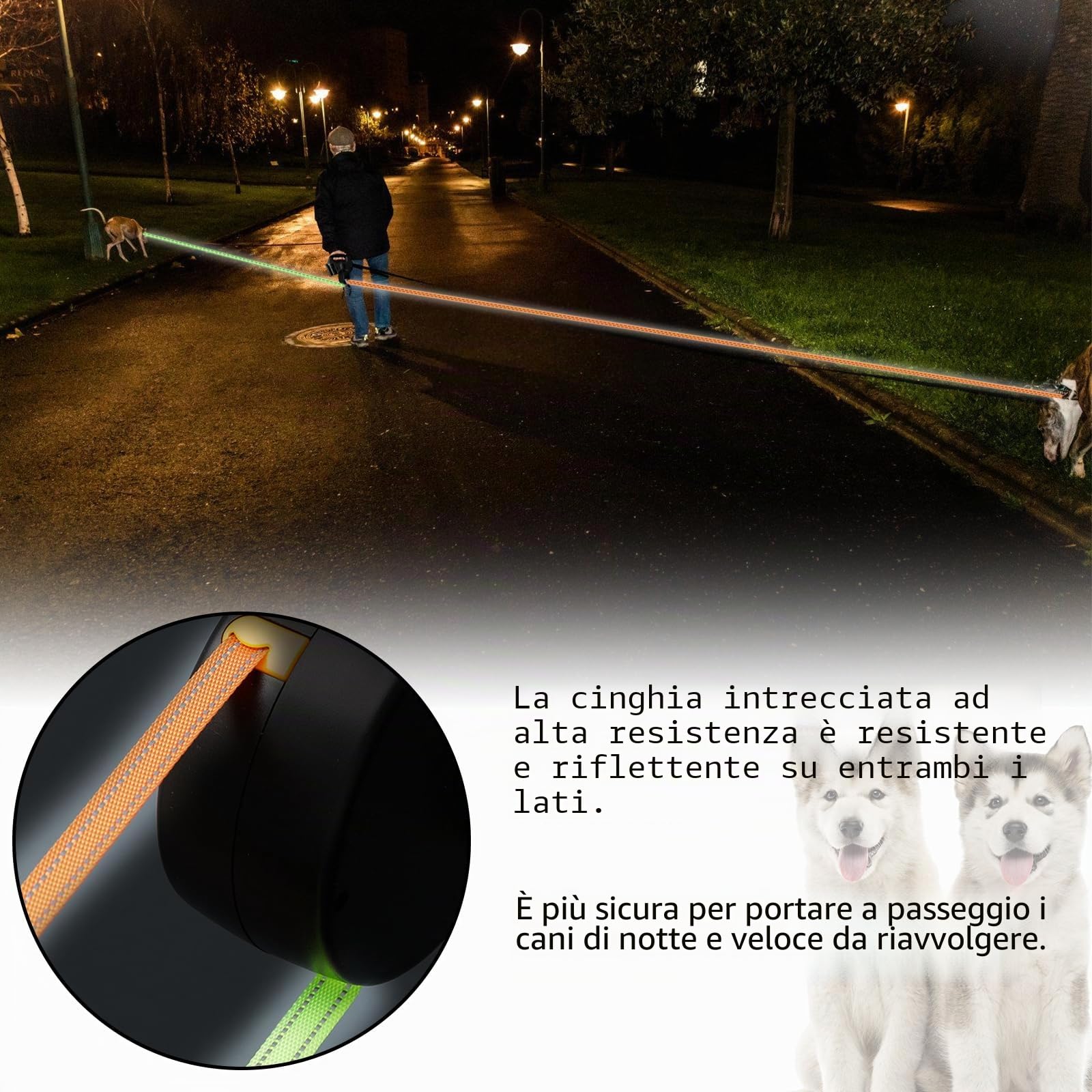 Guinzaglio doppio per 2 cani, flessibile retrattile, doppio guinzaglio con luce LED, guinzaglio per cani da 3 m, guinzaglio per cani allungabile con comoda impugnatura ergonomica, rullo, guinzaglio