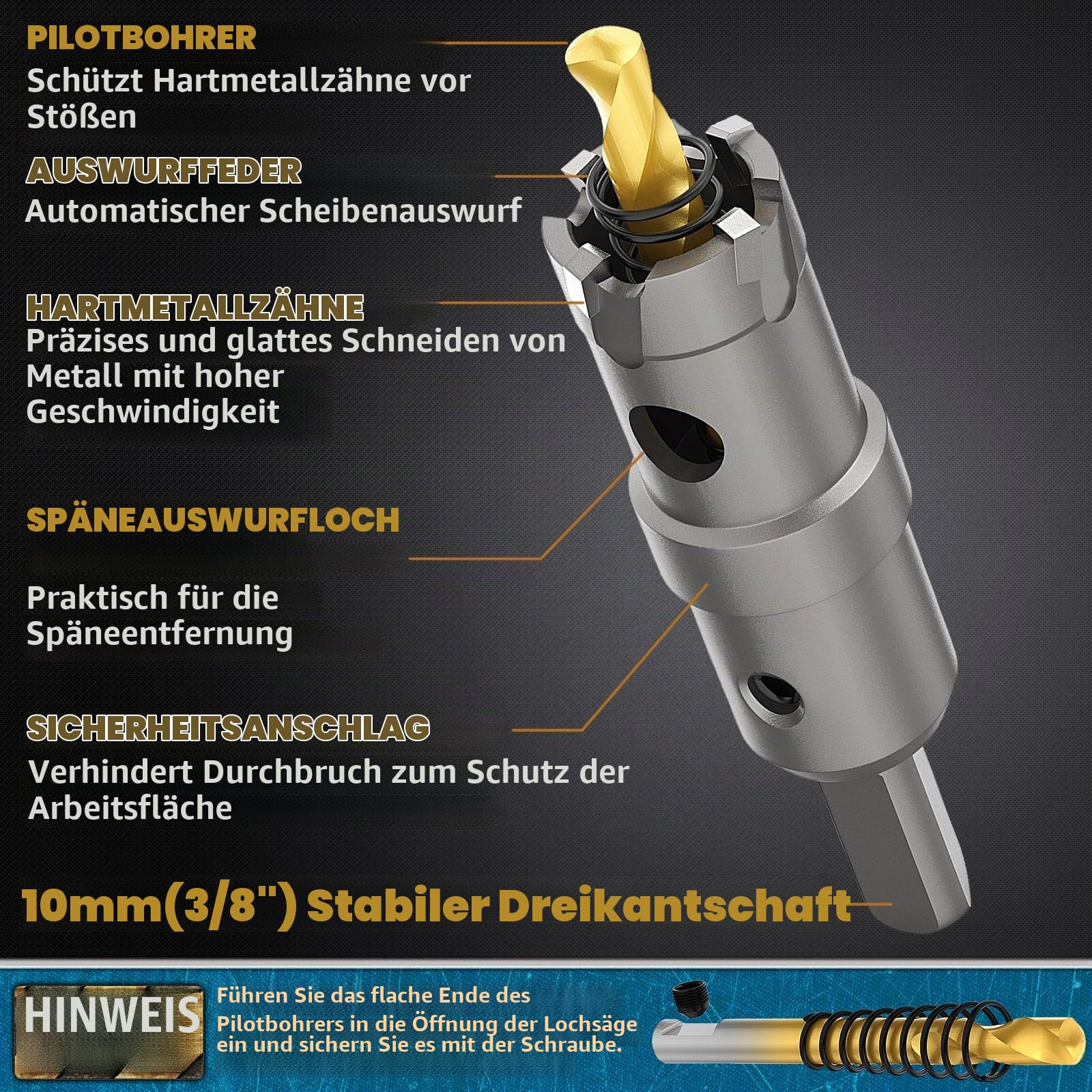 DAIMIT 19-teiliges TCT-Lochsägen-Set, 14–60 mm Schwerlast-Lochsägen aus Wolframkarbid für Metall, Edelstahl, Eisen, Holz & Kunststoff, mit 3 abnehmbaren Zentrierbohrern und 3 Innensechskantschlüsseln