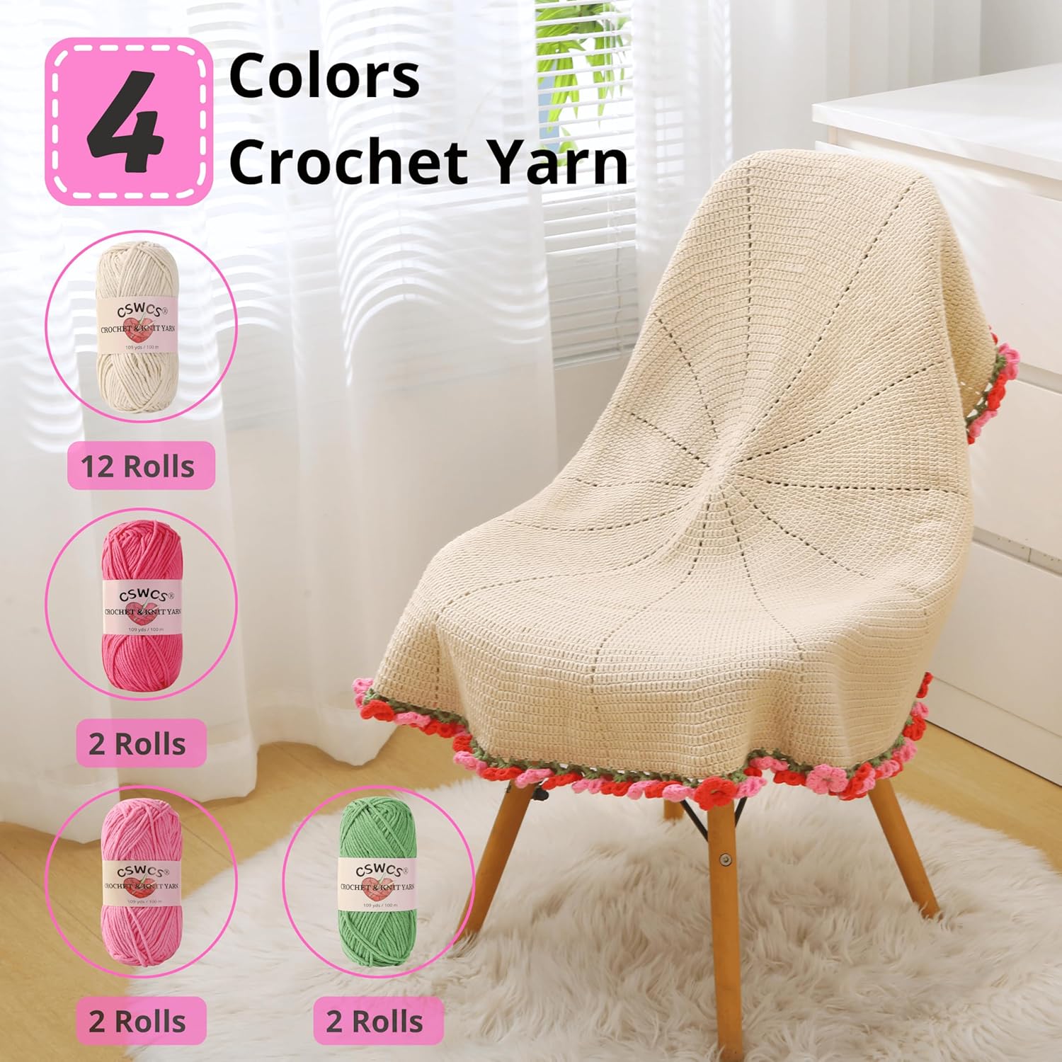 CSWCS Crochet Blanket Kit for Beginners, 40 inches Flower Bouquet Shawl Throw Kits for Adults, Learn How to Knitting with Yarn, Hook & Instructions, Gifts for Women Home Decor (Pink-red Hydrangea Kit)