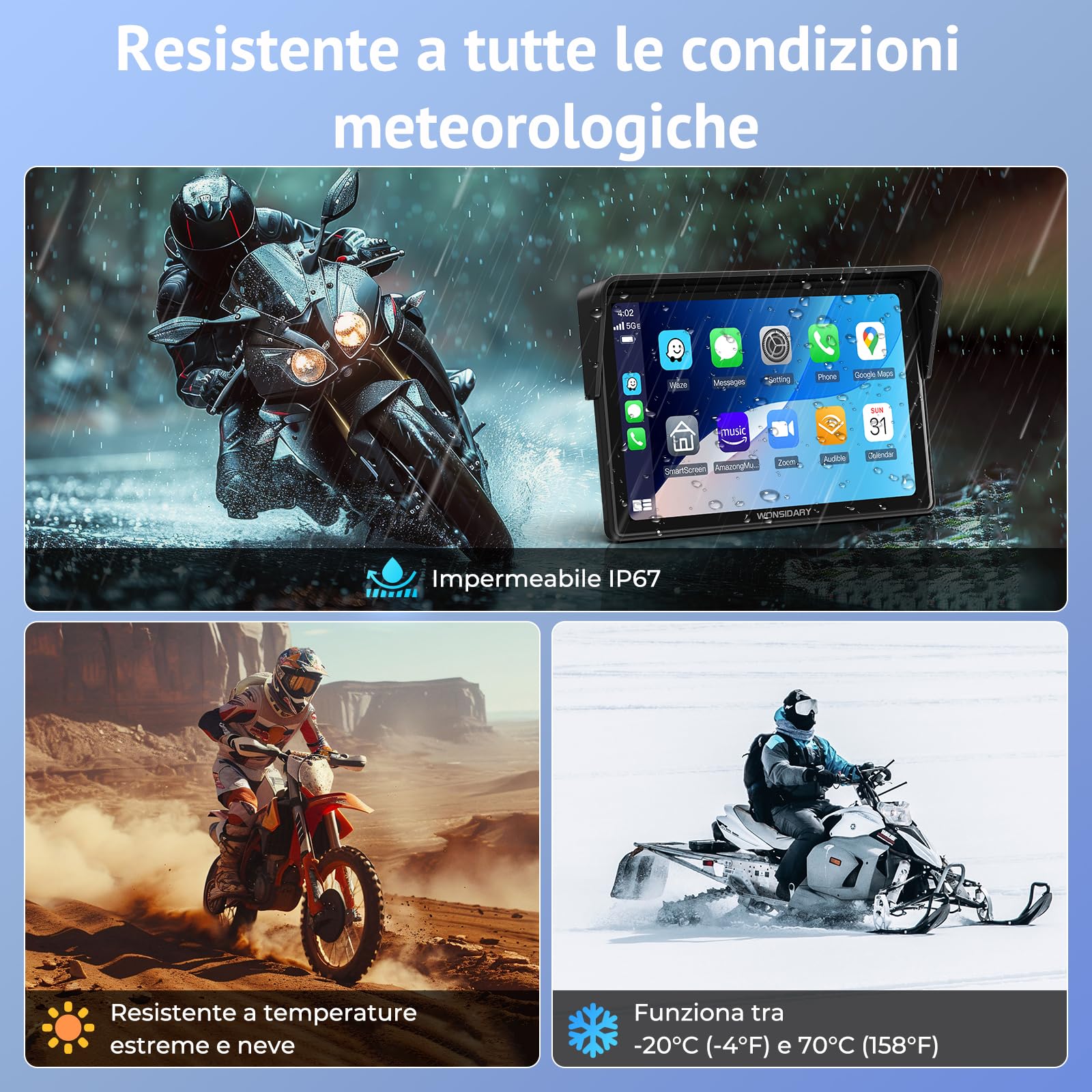 CarPlay Moto Senza Fili Compatibile con Apple CarPlay & Android Auto,Display Touch 5" IP67 Impermeabile con Doppio Bluetooth, Navigazione GPS,Controllo Vocale,Equalizzatore,Alimentazione USB/ACC