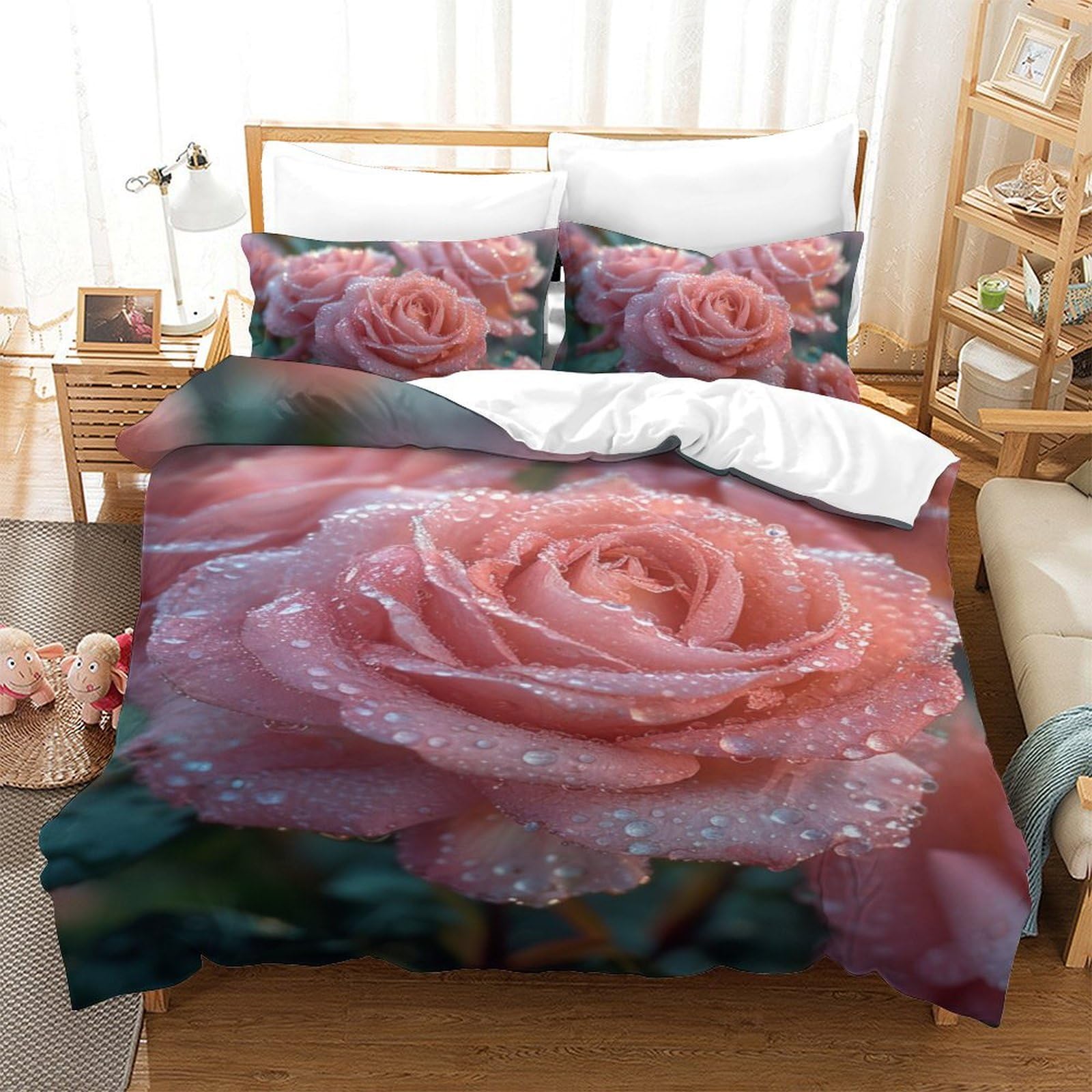 GAOYUCHUN Pink Rose 3Pcs Bedding Set Printed Quilt Cover,3D Duvet Cover for Boys Adult, Microfibre, with Pillowcases Easy Care Microfiber Comforter Cover Hidden Zipper Single（140x200cm）