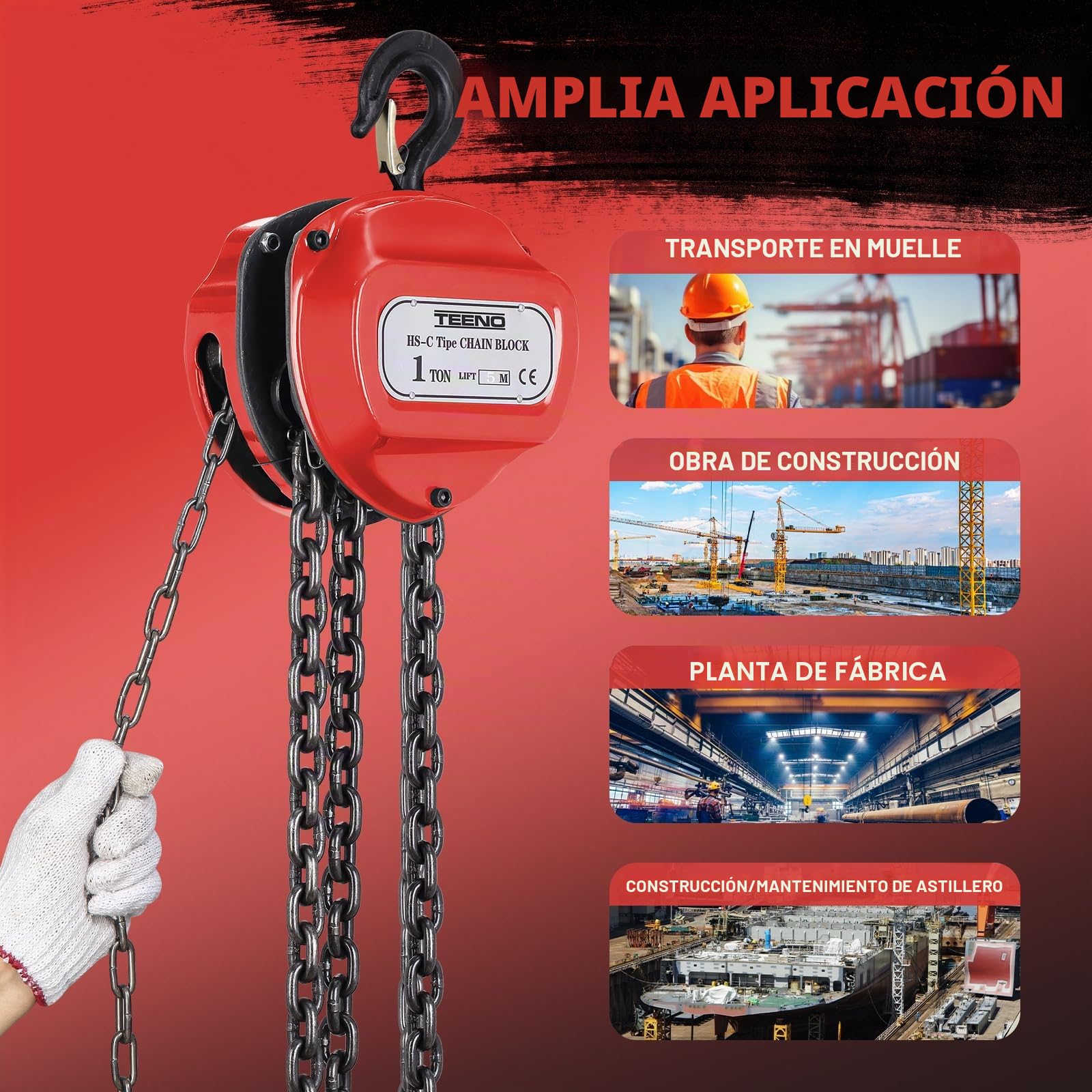 TEENO Polipasto de Cadena Manual, 1 Tonelada, Polipasto de Cadena de Palanca de 5 m, Cadena G80, Rojo, Para Operaciones de Elevación en Silvicultura, Talleres, etc