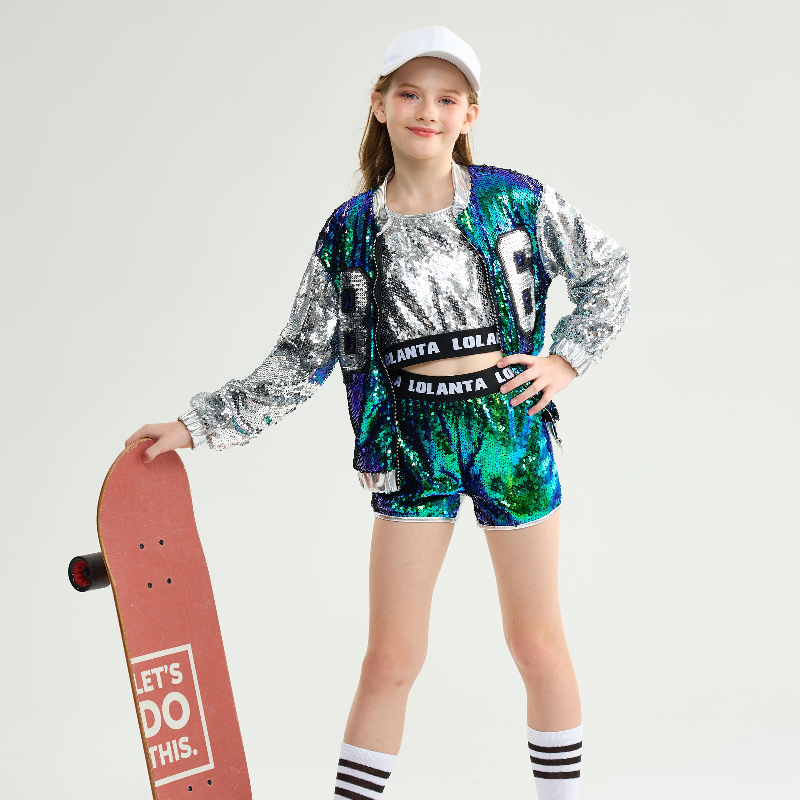 LOLANTA 4 Piezas de niñas Hip Hop Dance Costume Kids Lentejuelas Jazz Dance Clothes Set Calcetines adjuntos, 4-15 años