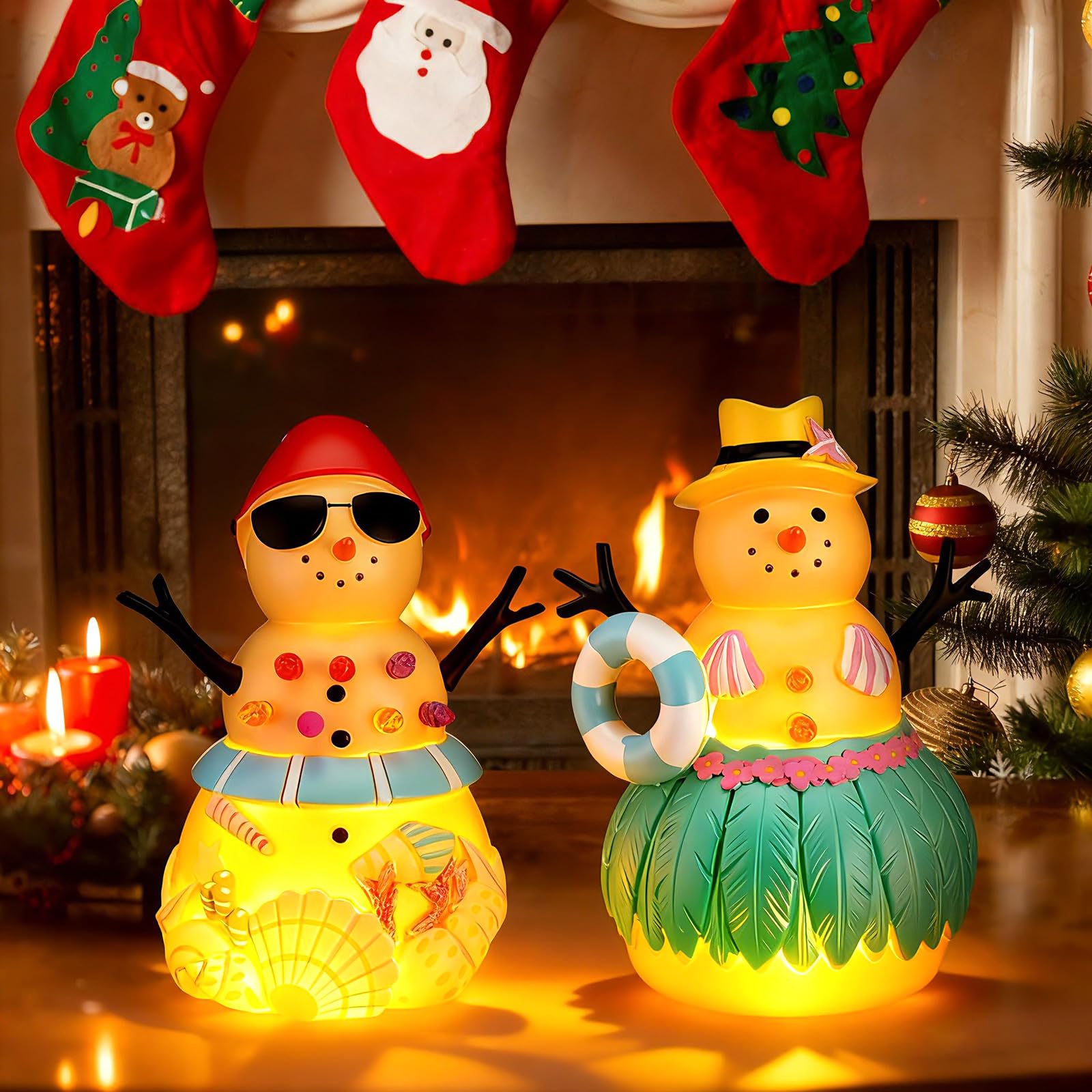 Bucherry 2 figuras de muñeco de nieve de playa con luz de resina de Navidad, decoraciones de muñeco de nieve costero, centros de mesa de Navidad, para el hogar, 3.5 x 3.5 x 5.9 pulgadas