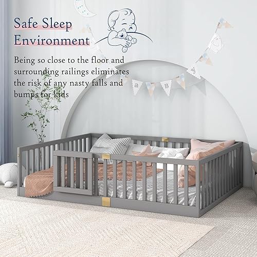 Miniatura 71 de Tatub Cama Montessori de suelo individual con rieles altos, marco de cama Montessori de madera maciza para niños, la entrada se puede instalar a