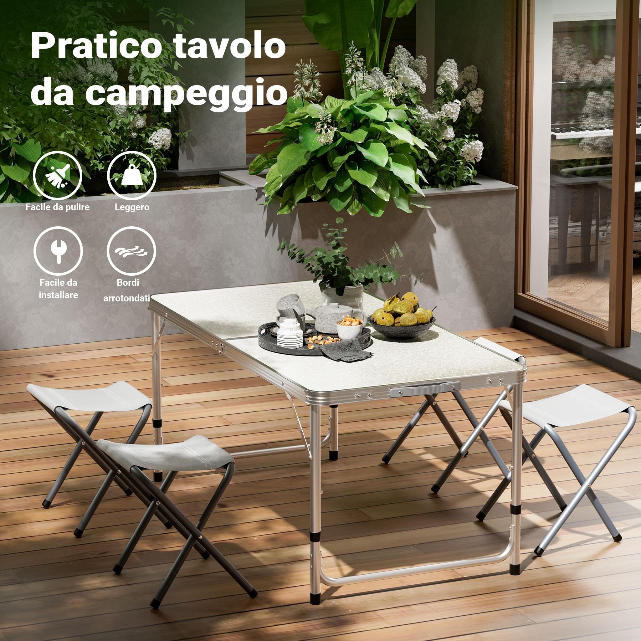 Wiltec Set da campeggio con tavolo pieghevole regolabile in altezza e 4 sedie richiudibili per uso outdoor