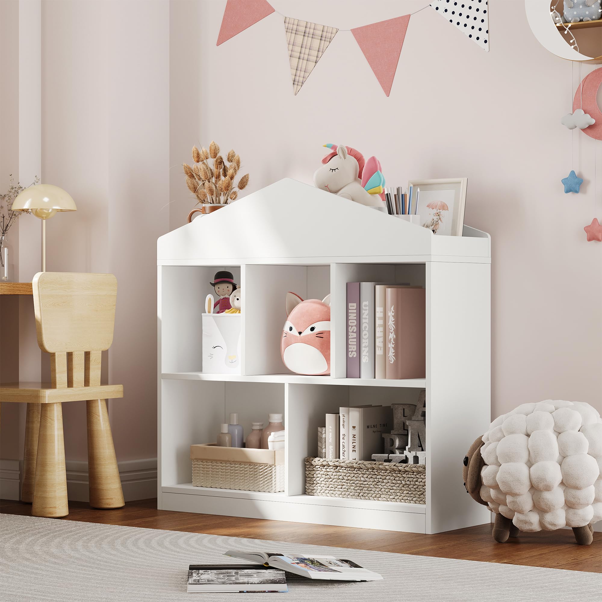 Kinder Bücherregal Hausform 90 x 30 x 90 cm Weiß, MDF Standregal