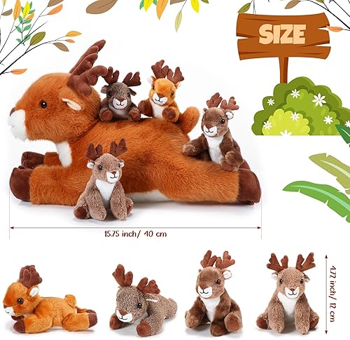 Miniatura 2 de Poen Juego de animales de peluche de 16 pulgadas con 4 lindos peluches de ciervos pequeños en su barriga con cremallera para niños, cumpleaños, día