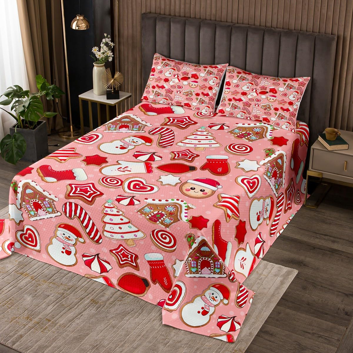 Homewish Christmas Bedding Set Queen Size Cartoon Gingerbread Santa Claus Bedspread 3pcs for Kids Teens Boys Bedroom Decor Cute Snowman Christmas Tree Comforter Set Pink Red Quilt Set,2 Pillowcases