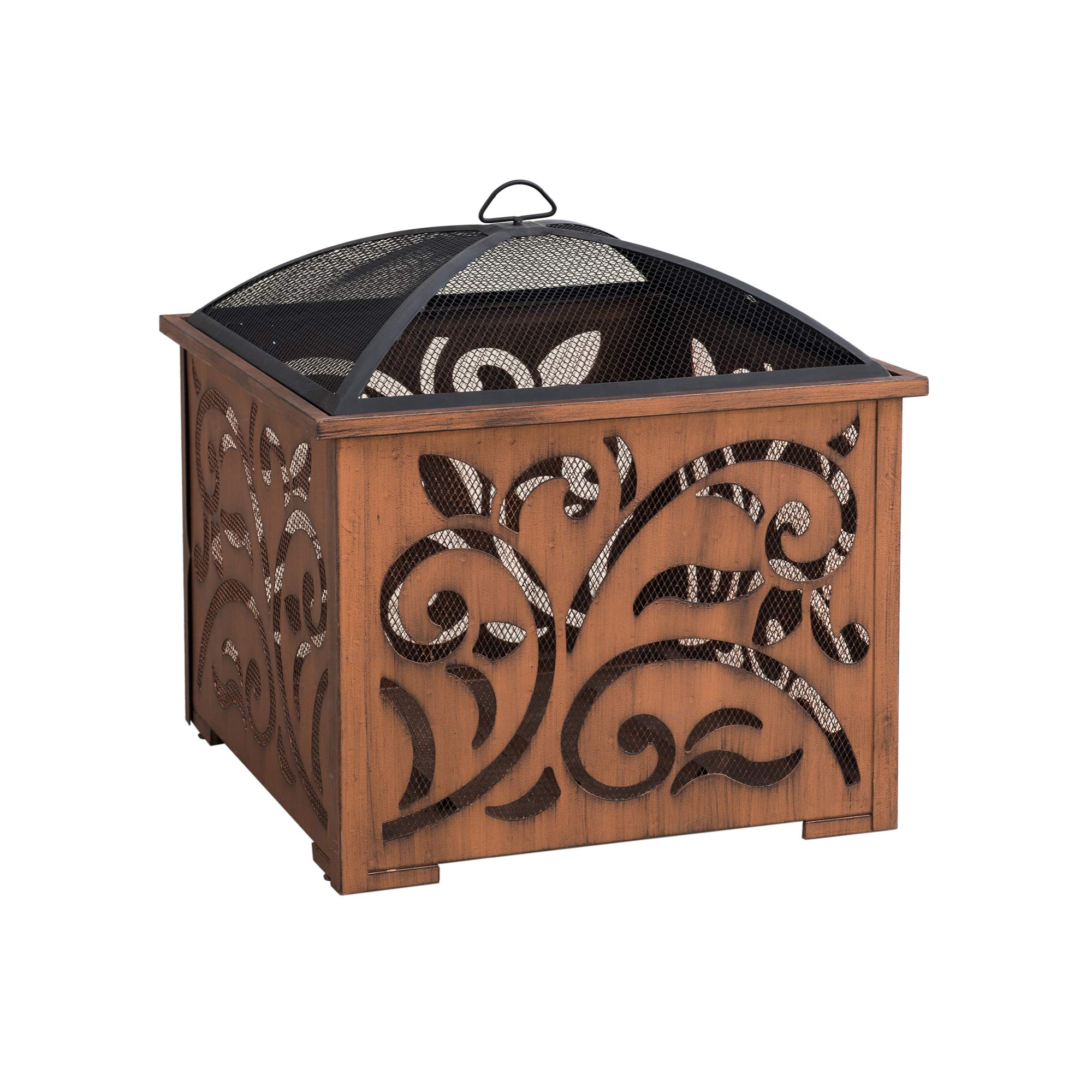 Sunjoy 26 in. Fire Pit for Outside, Patio Square Wood Burning Extra Deep Firepits with Spark Screen and Poker, Copper