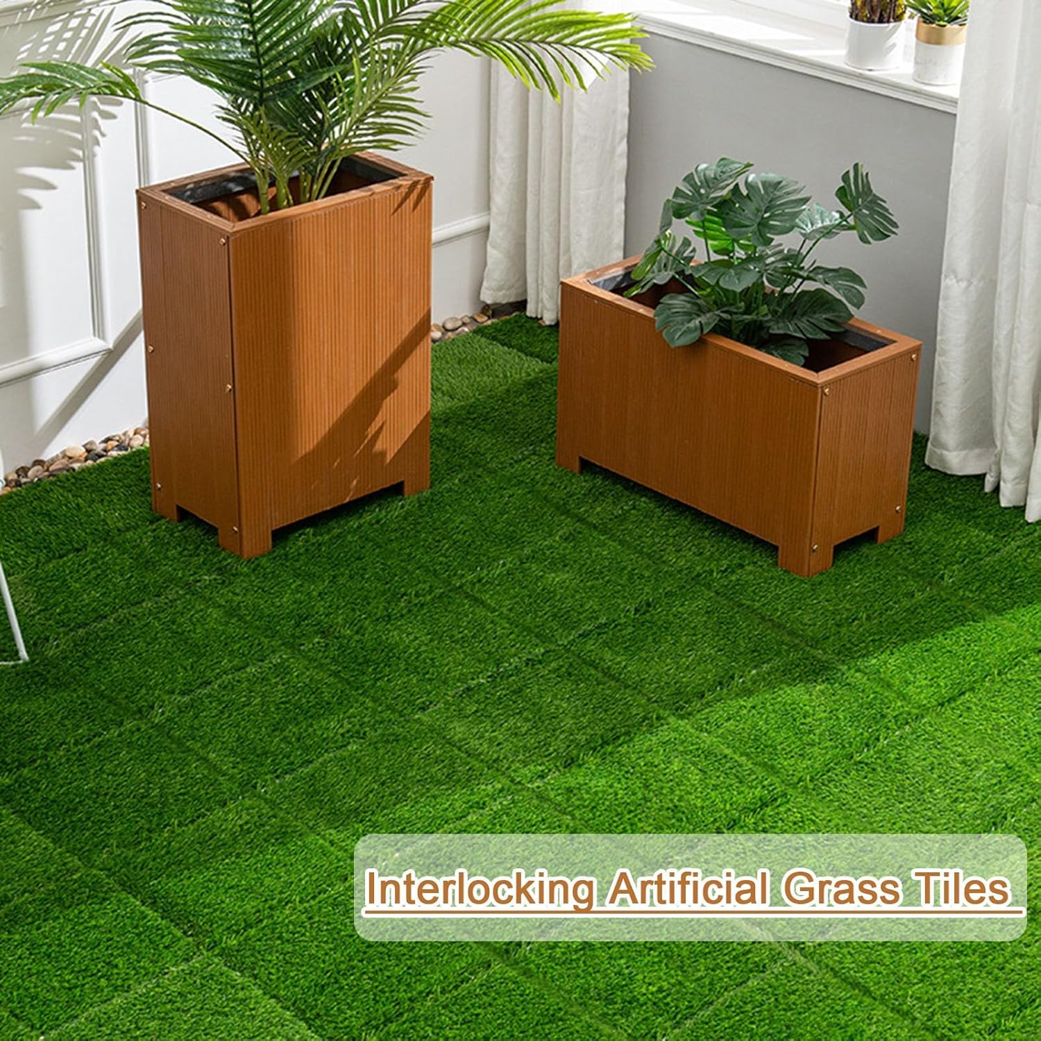 Dalles et lames de terrasse en composite, Tuiles de terrasse emboîtables en bois carrées multicolores, 11 pièces, for revêtement de sol extérieur(Artificial Green Grass)