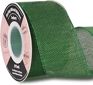 Burlap Wired Ribbon 2-1/2 Inch x 10 Yards Solid Wired Edge Ribbon for Big Bows, Wreaths, Outdoor Decoration, Gift Wrapping, Fall Crafts, Flower Bouquets, Garland (Green)