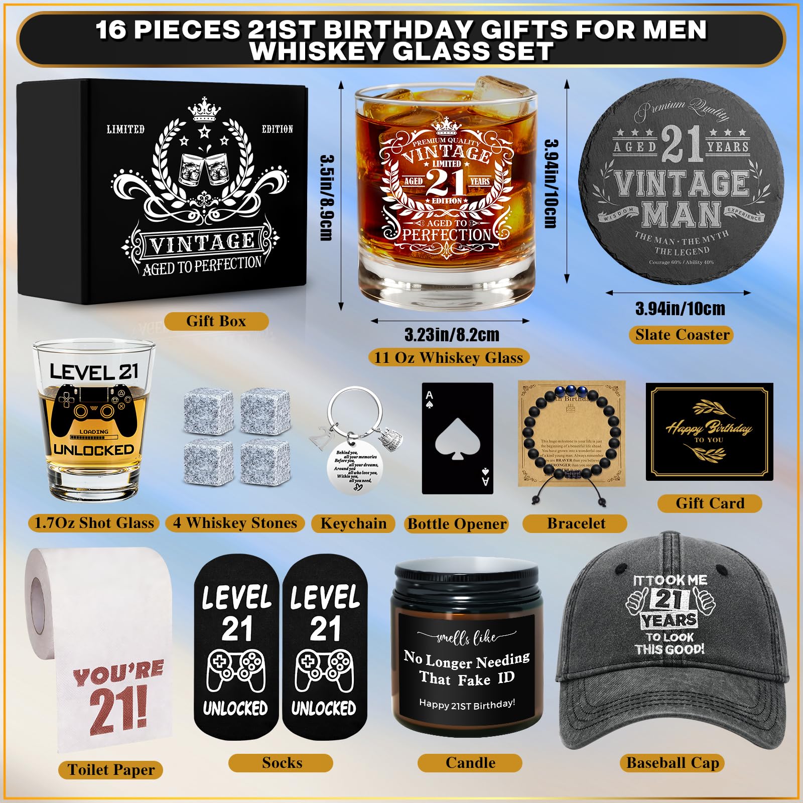 16 Pcs Happy 21st Birthday Gifts for Him, 21 Year Old Boy Birthday Party Gifts with 11 Oz Whiskey Glass 1.7 Oz Shoot Glass Coaster Hat Socks for Men, Son, Nephew, Grandson, Brother, Boyfriend, Friends