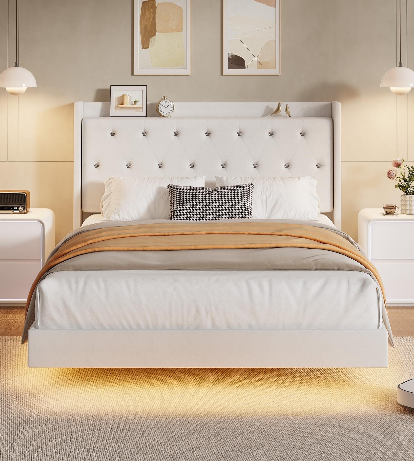 IDEALHOUSE Queen Size Bed Frame with LED Lights, Floating Platform Bed with Velvet Upholstered Storage Headboard, No Box Spring Needed, Noise Free,