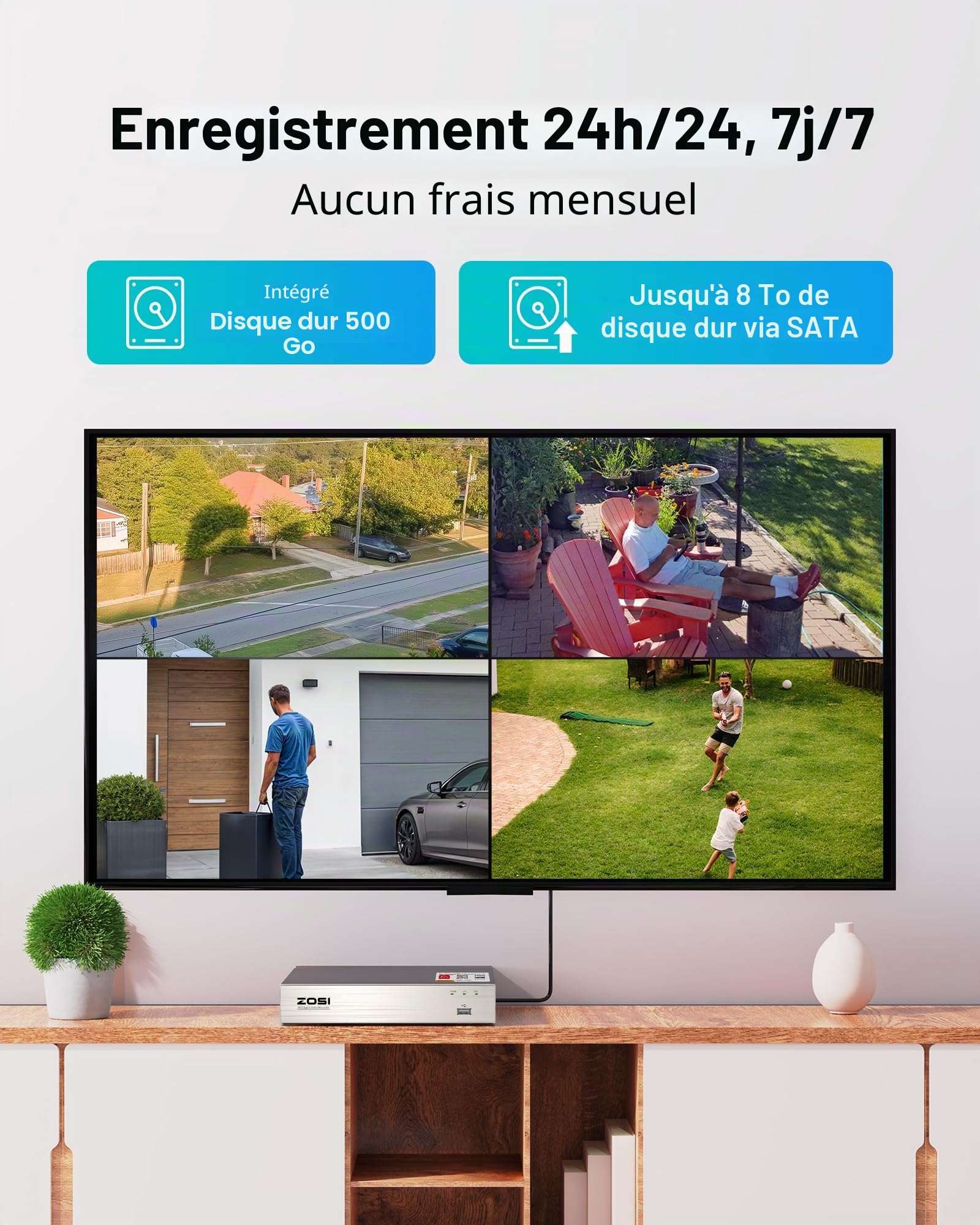 ZOSI Kit Caméra de Surveillance Extérieure Filaire 1080P avec DVR 8CH 500G | Détection de Personnes/Véhicules, Vision Nocturne IR 24m, Angle de Vue 90°, Alerte Instantanée via APP gratuite