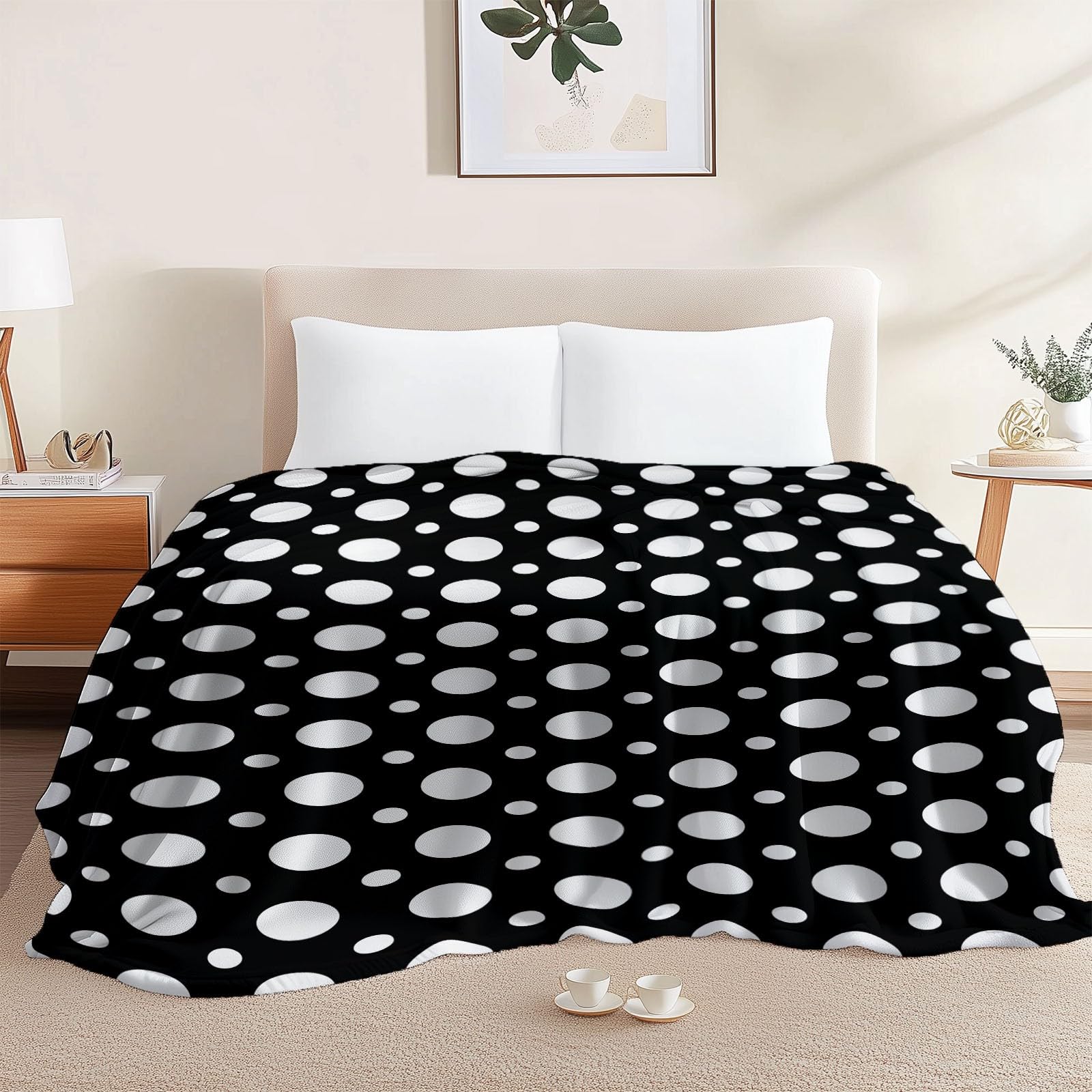 Manta de Franela Puntos Simples para Mujeres y Hombres, Manta de Felpa de Franela Suave para sofá Cama, decoración de habitación Infantil 200 x 220 cm Blanco Negro