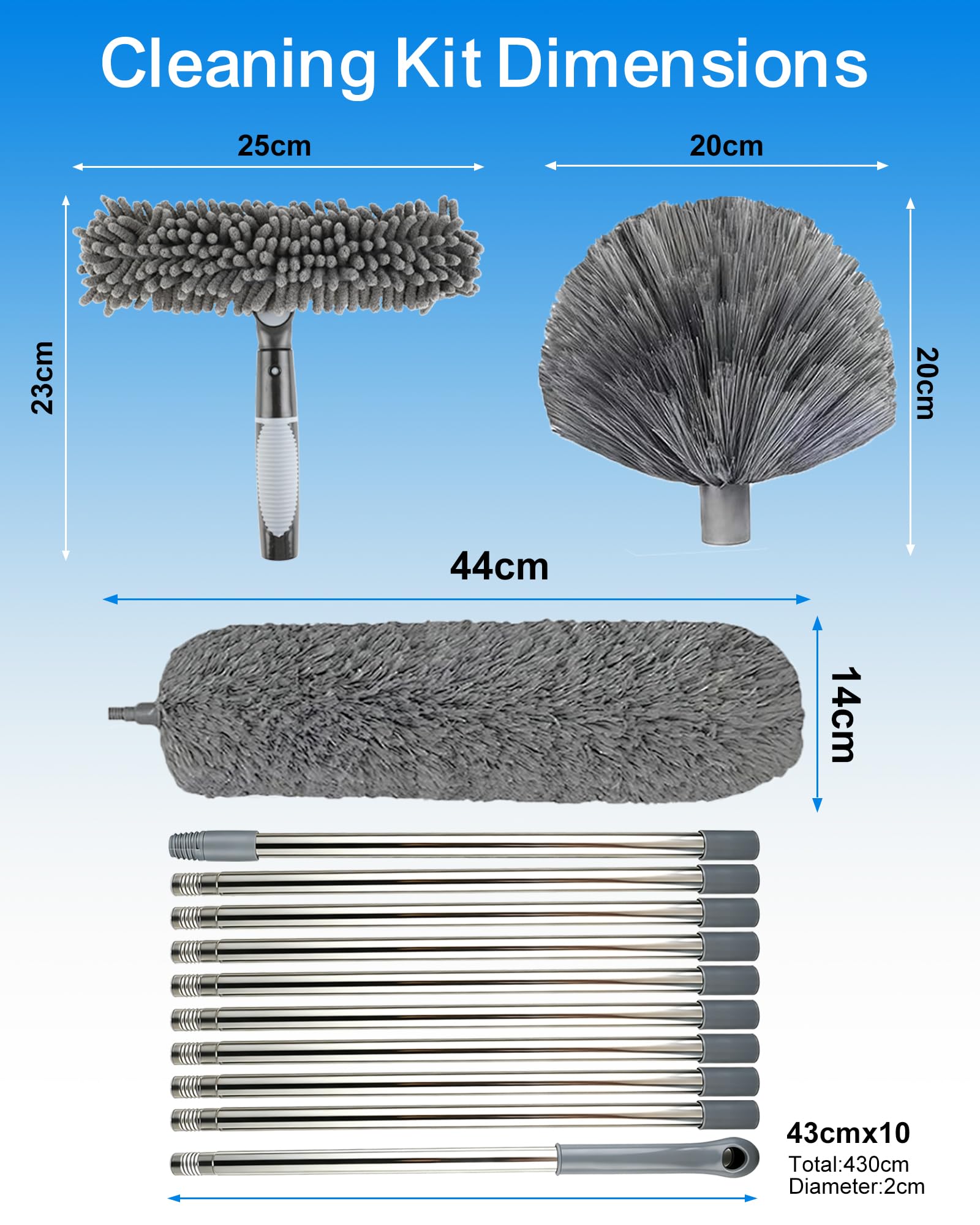 Plumero Telescópico 6m, Varilla Extensible 1,2–4,3m, Atrapapolvo Microfibra, Limpiador de Vidrios 2en1, Removedor de Telarañas – para Techos y Ventanas