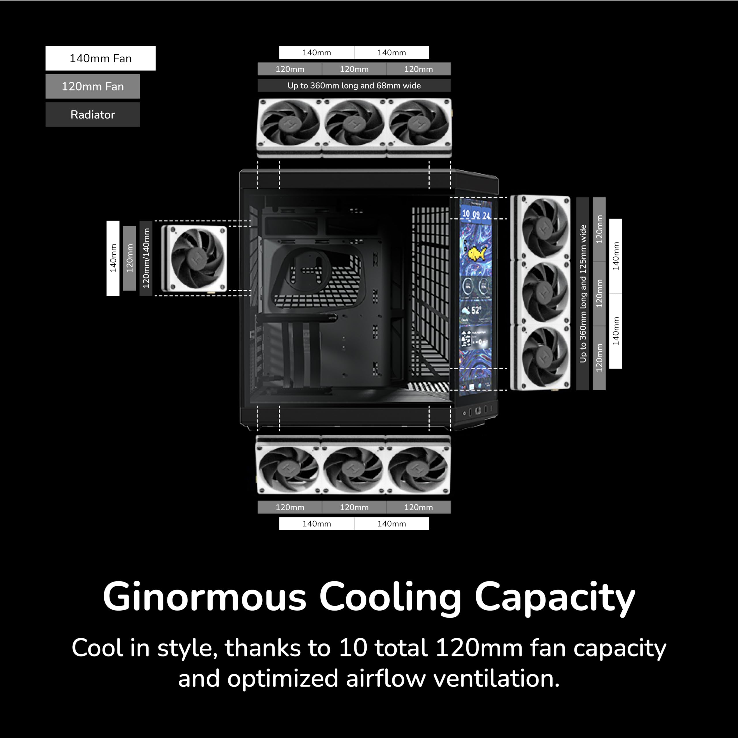 HYTE Y70 Touch Infinite Dual Chamber ATX Mid Tower nowoczesne estetyczne etui ze zintegrowanym ekranem dotykowym LCD 2,5K - czarne