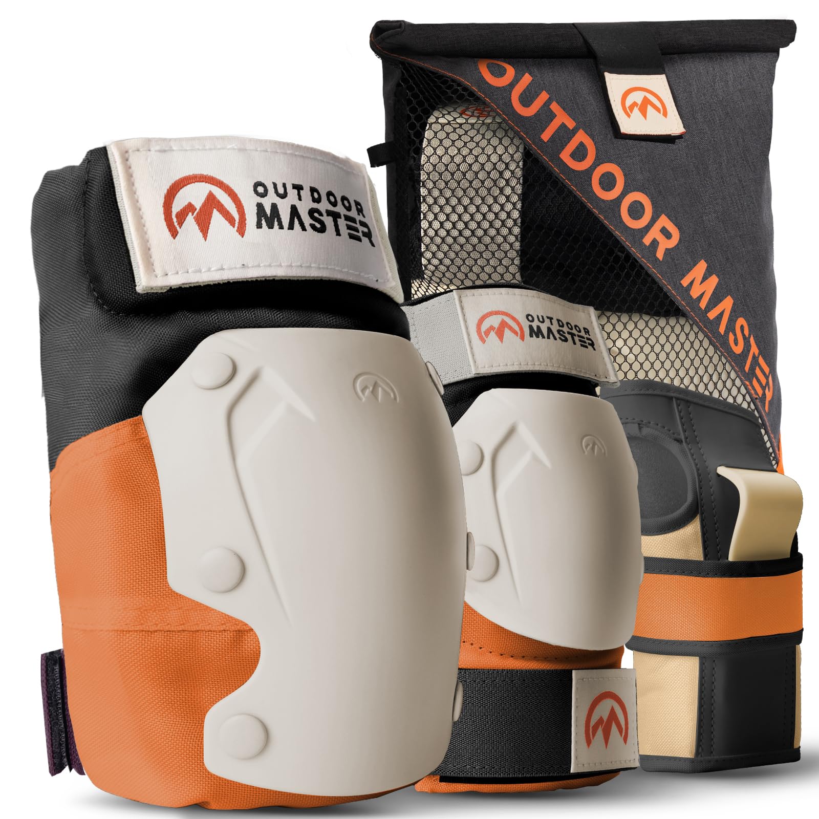 OutdoorMaster Adult Knee and Elbow Pads Set - Skate Protective Gear with Wrist Guards - Adult & Youth - Orange, M/L - [6pcs]