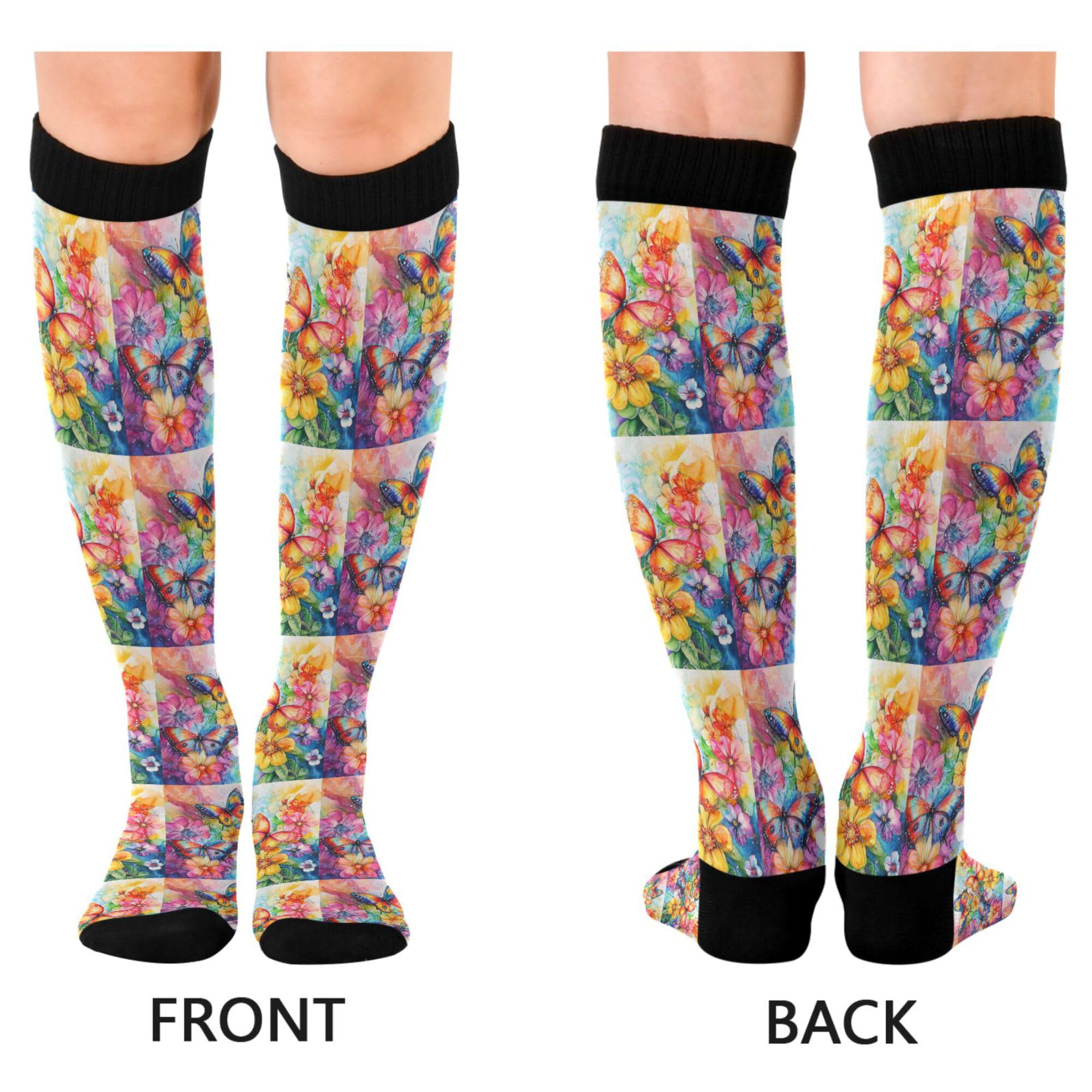 Caihoyu Softball Socks For Women & Men Support for Nurses,Running,Athletic,Travel Vivid Color Flowers Butterflies