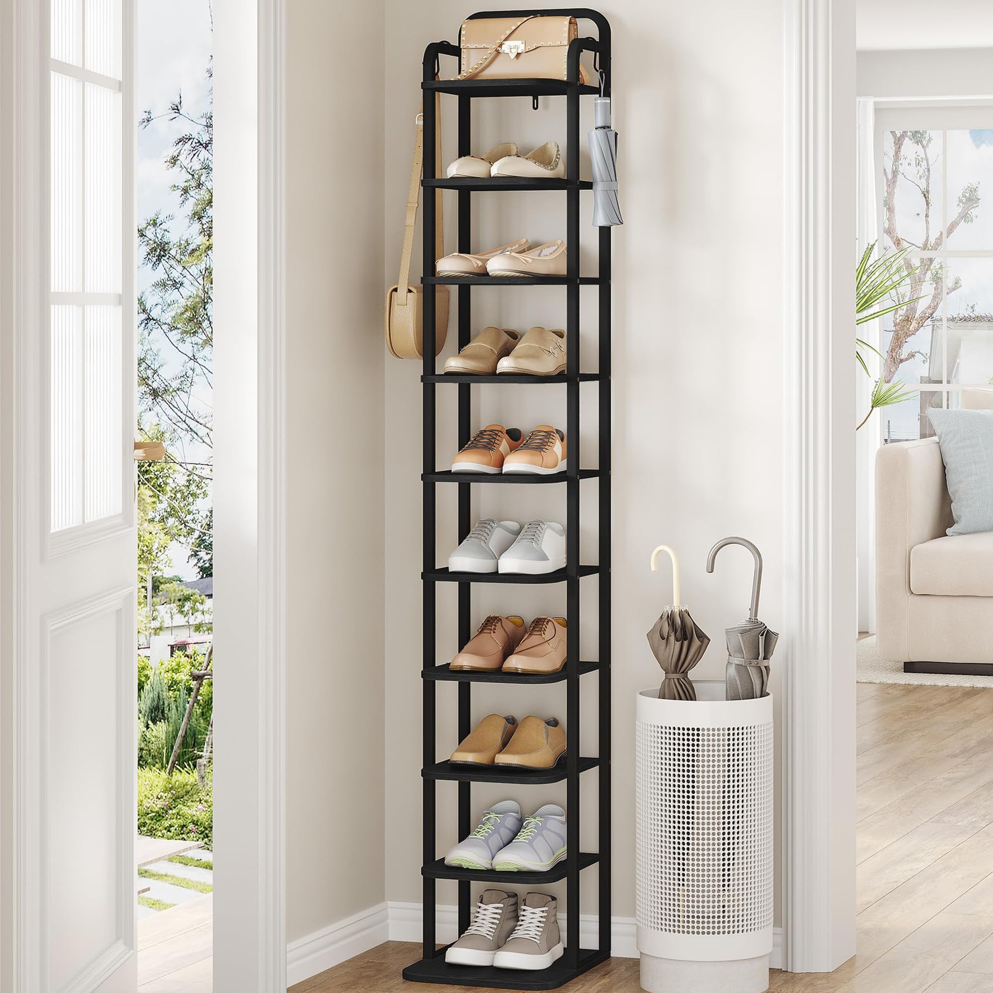 Hzuaneri Vertical Shoe Rack, Shoe Shelves, Wood Shoe Organizer for Closet, Entryway, Shoe Tower for Small Spaces, Free Standing, Adjustable, with 2 Hooks, 10 Tier Black SR11204B