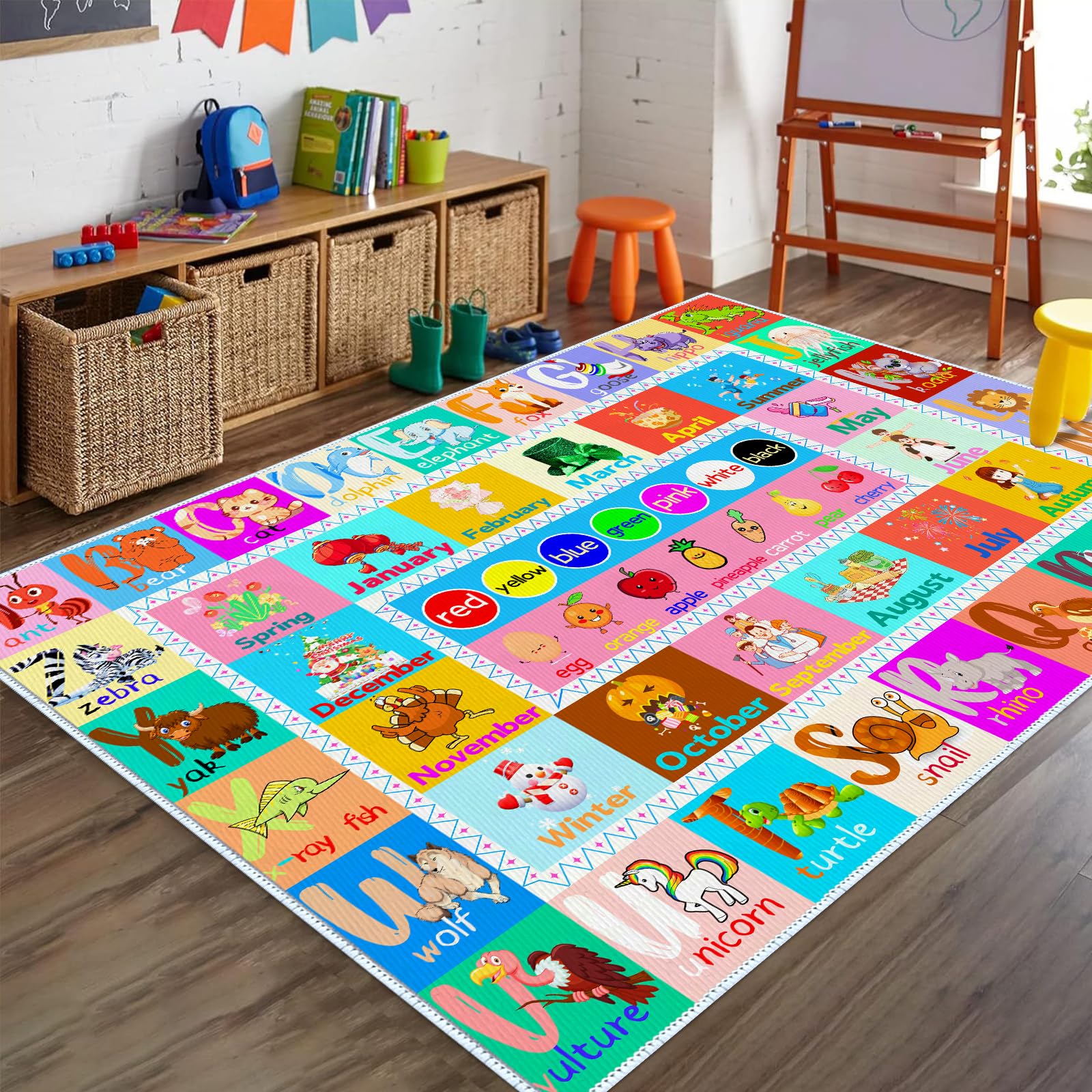 DoRlPIeY Kids Alphabet Game Rug - ABC Educational Area Rugs - 4x6 Alphabet Months Fruits Colors Seasons and Animal Fun Studay Game Non Slip Mat for Kids Bedroom Kindergarten Nursery