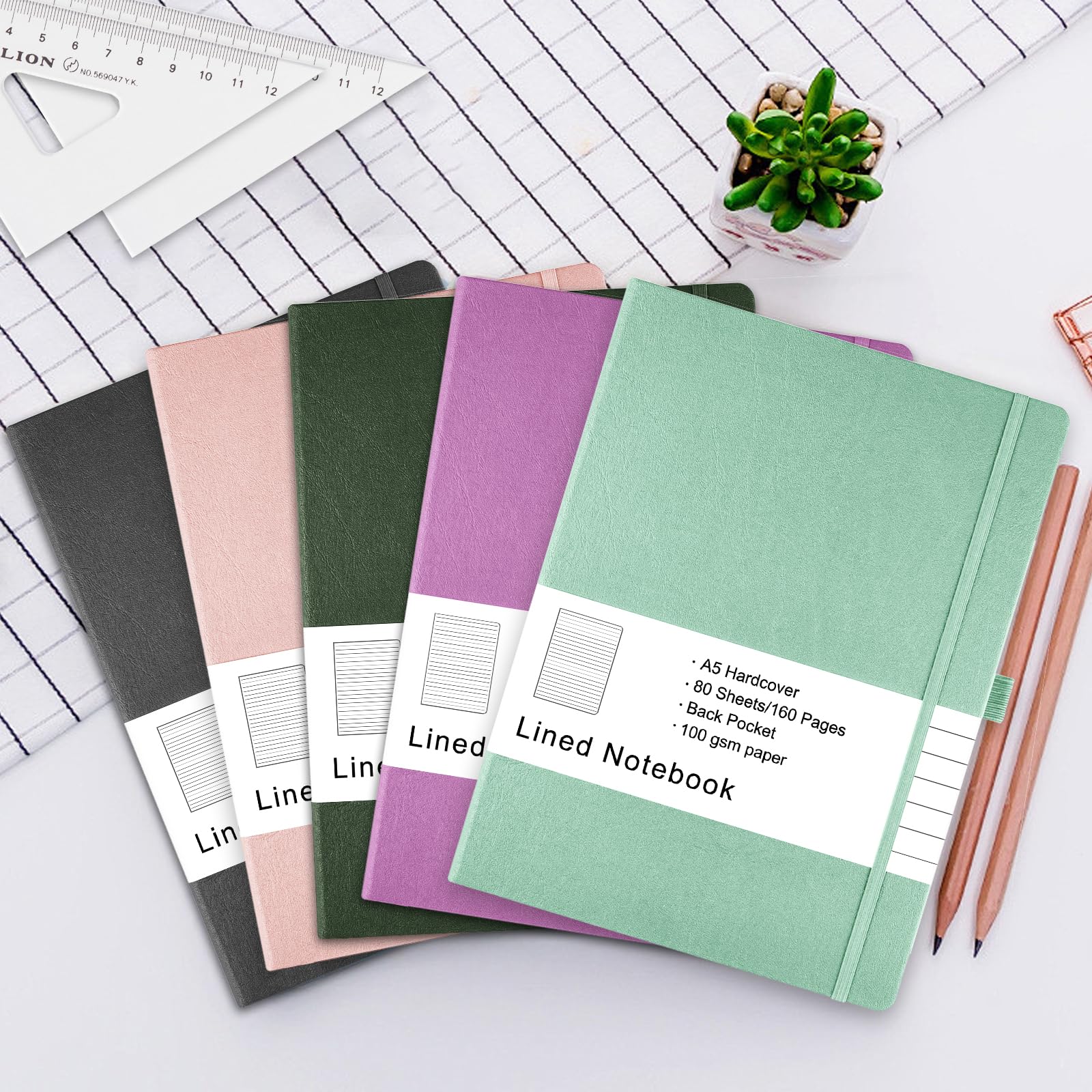 HAO&Q A5 liniertes Tagebuch, Notizbuch für Damen und Herren, 160 Seiten, 100 g/m² dickes Papier, 14,5 x 20,3 cm, Hardcover-Notizbuch mit Stiftschlaufe (grün)