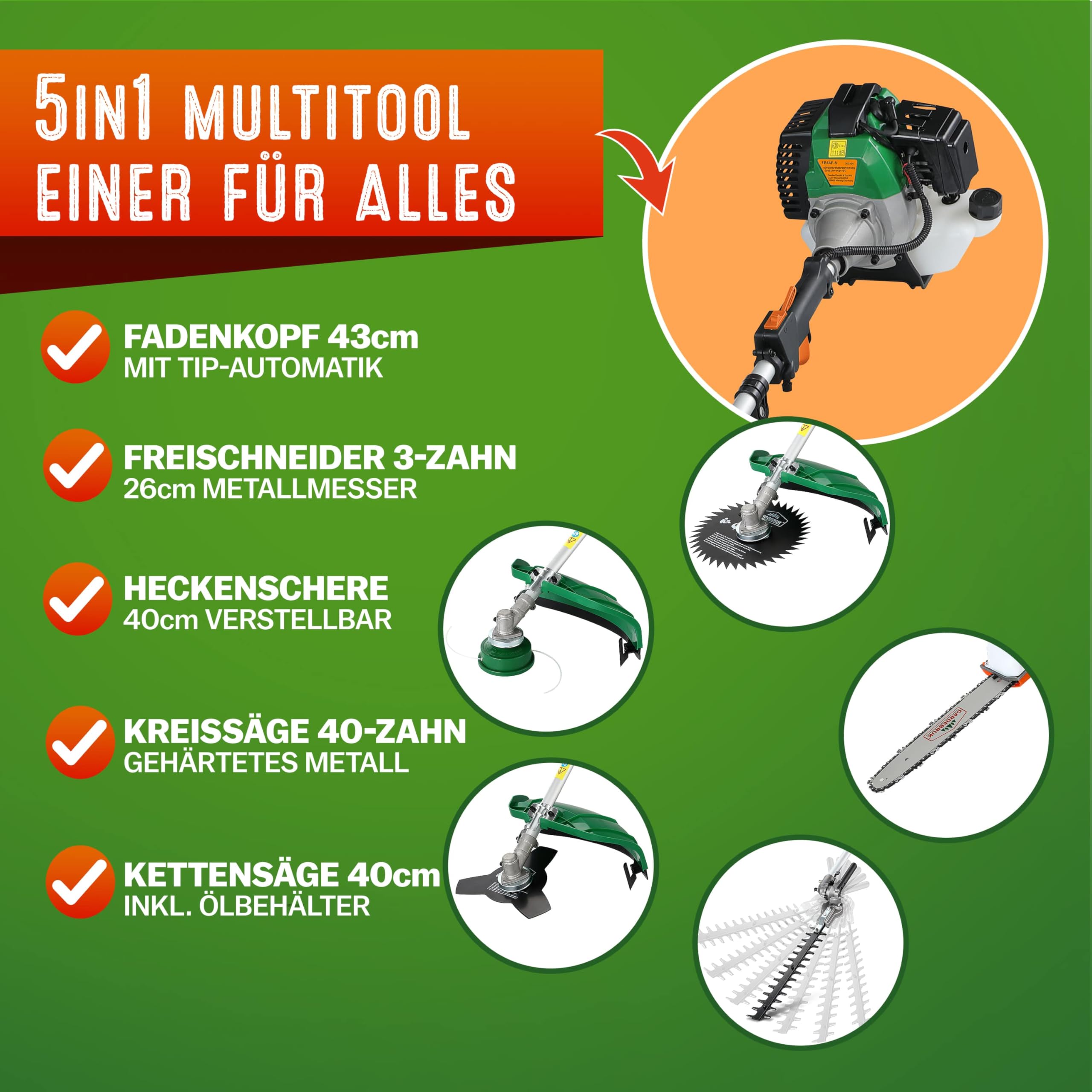GARDEBRUK® Benzin Motorsense Freischneider 5 in 1 Heckenschere Rasentrimmer Hochentaster 2 PS Tragegurt verstellbar 1m Verlängerung