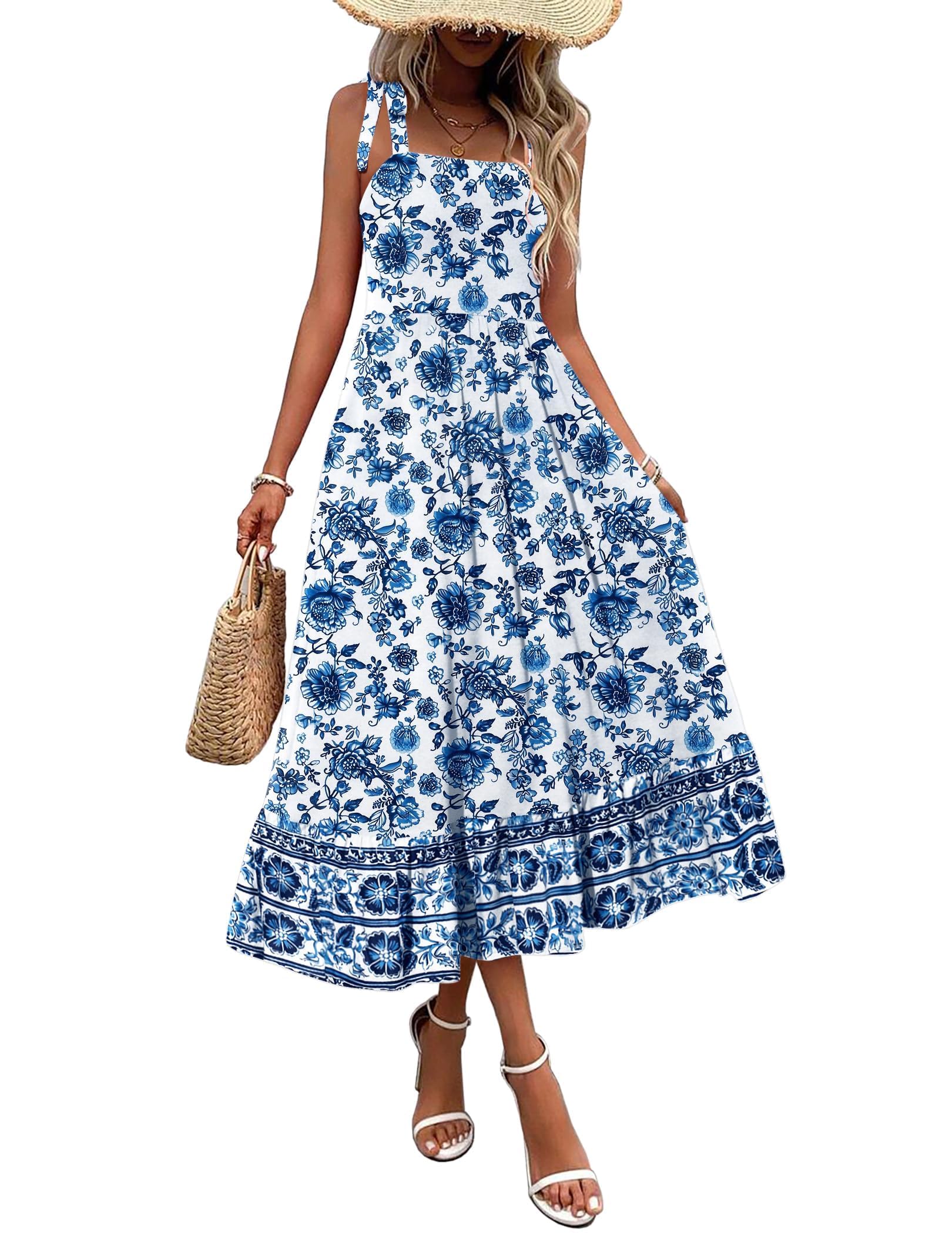 Zeagoo Women Summer Maxi Dress with Pockets 2025 Spaghetti Strap Sundress Casual Flowy Boho Dress Floral Tiered Beach Dress