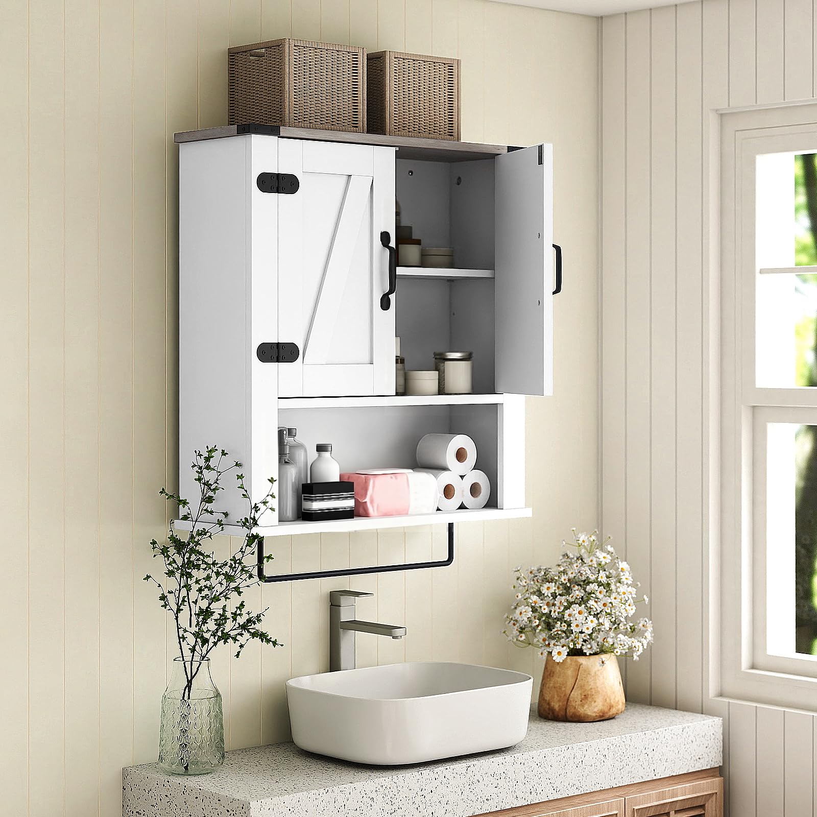 LIFEZEAL Mobiletto Bagno Salvaspazio da Parete, Bianco, Pensile Bagno Sospeso con Barra Portasciugamani, 2 Ante con Ripiano Regolabile, Armadietto, Armadio, Mobile, per Cucina, in Legno, 60x20x72,5cm