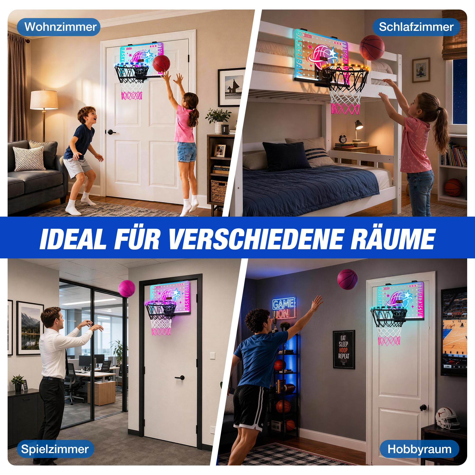 ROPODA Basketballkorb Indoor für Kinder, Mini Basketballkorb mit LED-Licht, Fernbedienung & Anzeigetafel, Basketball Korb Basketballspielzeug für Jungen Mädchen Jugendliche ab 3 Jahren