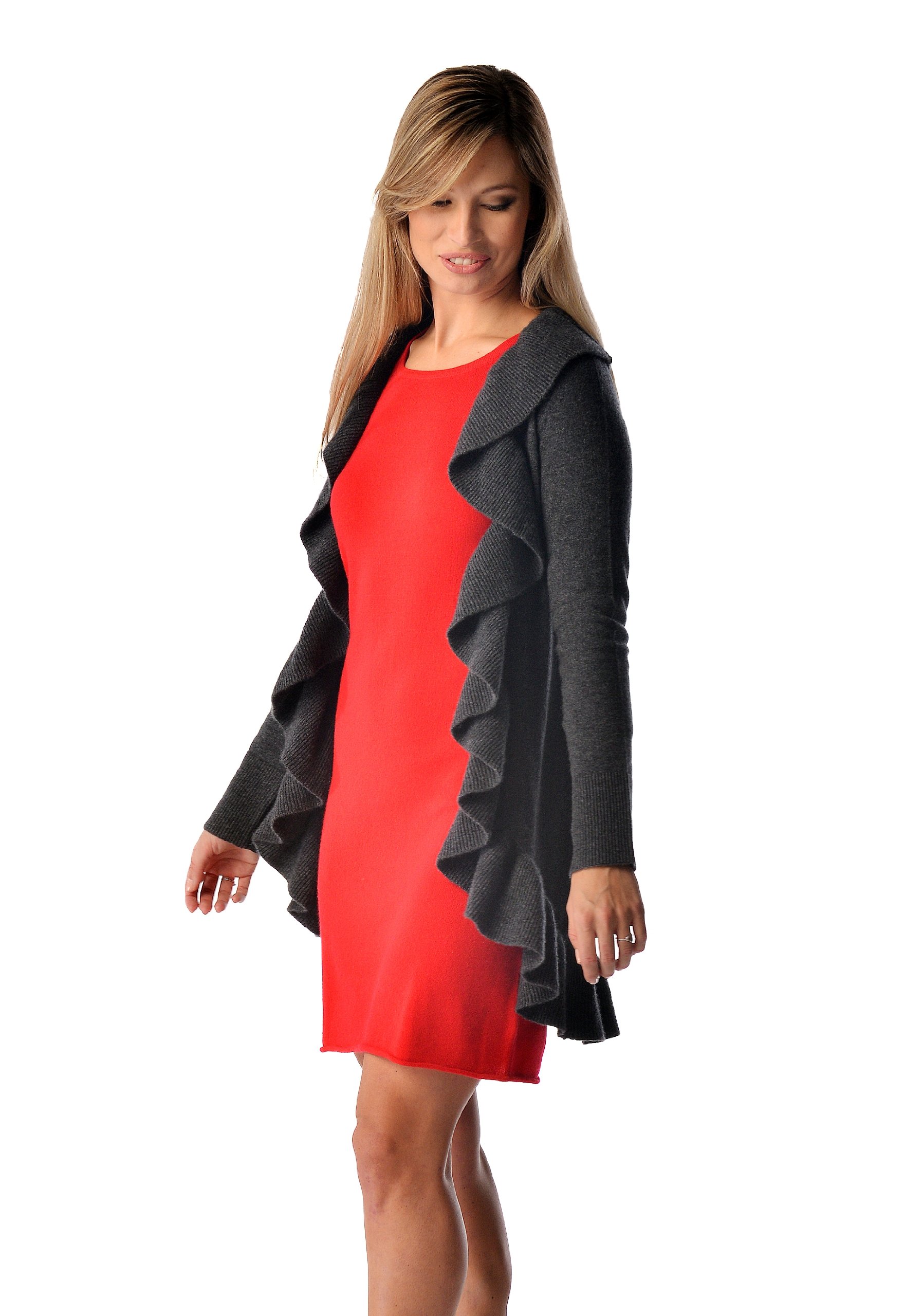 Cashmere Boutique 100 Pure Cashmere Ruffled Long Women Cardigan Sweater - Pullover Long Sleeve Front Open Soft and