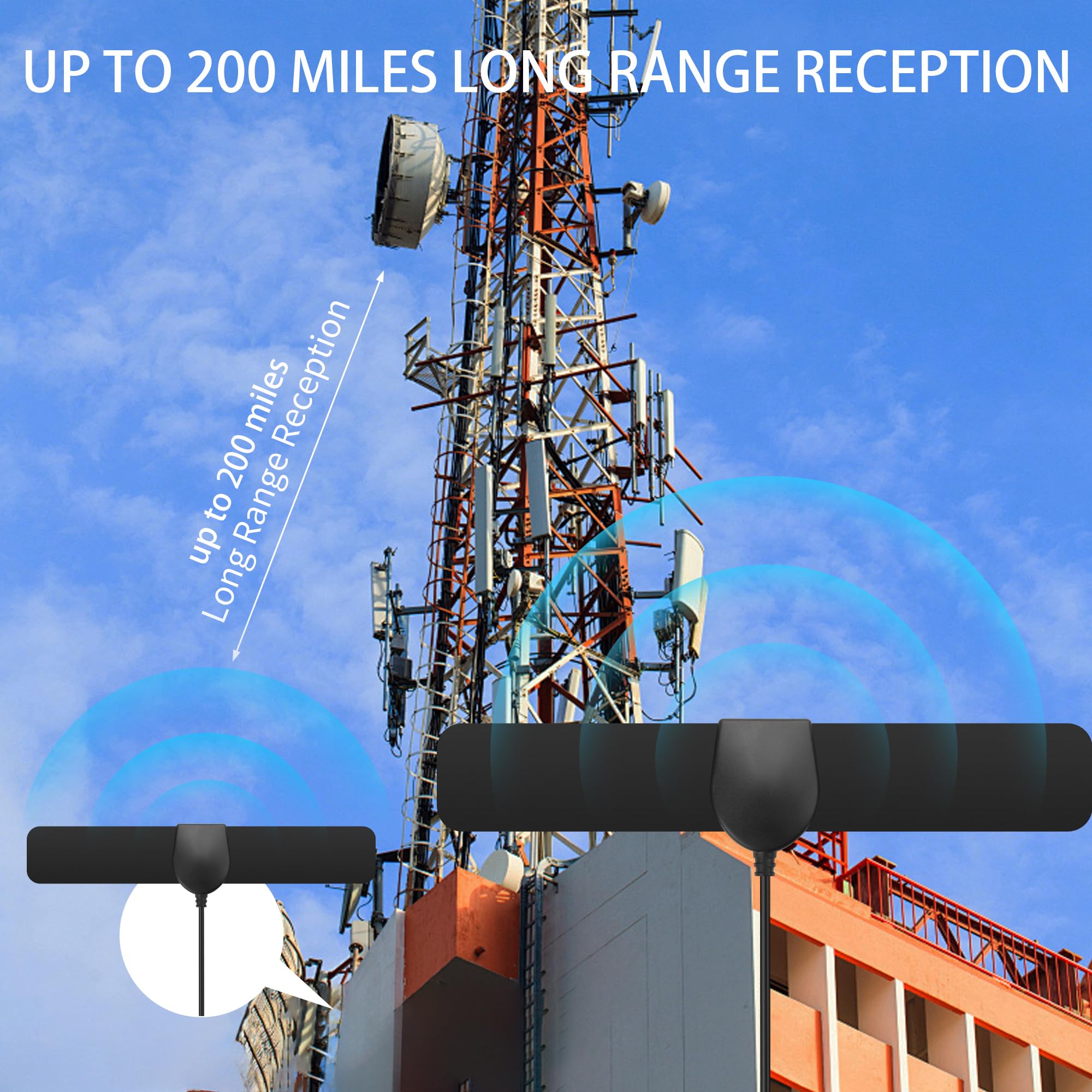 YAODHAOD Antena HDTV do użytku wewnątrz i na zewnątrz - 200 mil - DVB-T/T2 / ATSC/ISDB-T - z 4K Ultra HD - antena cyfrowa ze wzmacniaczem