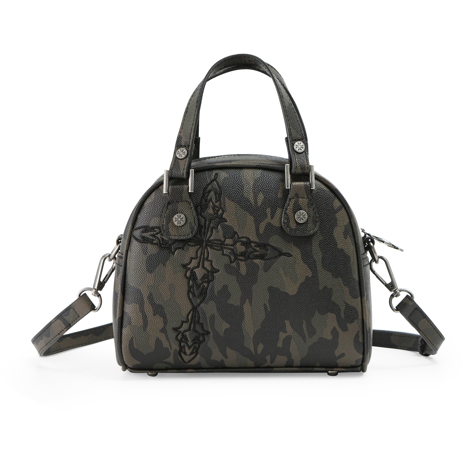 Von Dutch Bowling Bag Purse, Small Bag Crossbody Strap and Top Handles, 8" L x 7" H x 7.5" W, Y2K Purse (Dark Camo Chopper)