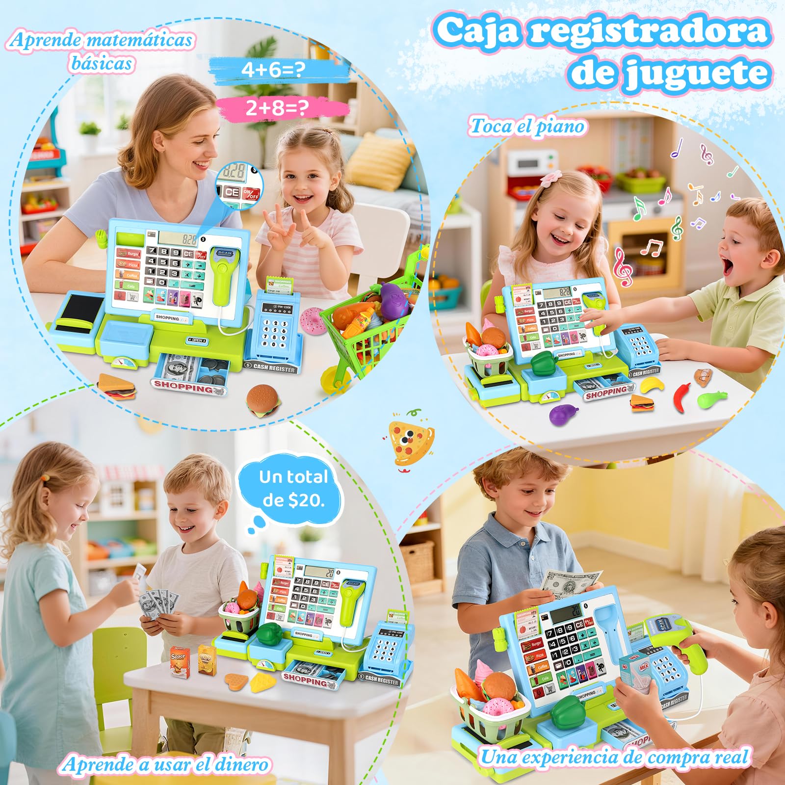 Caja Registradora Juguete Niños Juego de Imitación Supermercado con Sonidos, la Compra, Regalo Educativo para Niños y Niñas de 3, 4, 5, 6 Años (Blau)