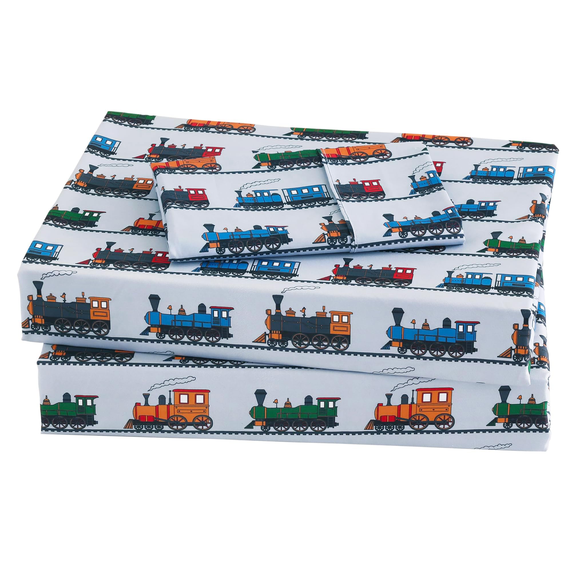 Viviland 4 Pieces Boys Grey Full Sheet Set - Soft Microfiber Fitted Flat Sheets &amp; Pillowcases - Retro Train Print Bedding Sets- for Kids &amp; Toddlers