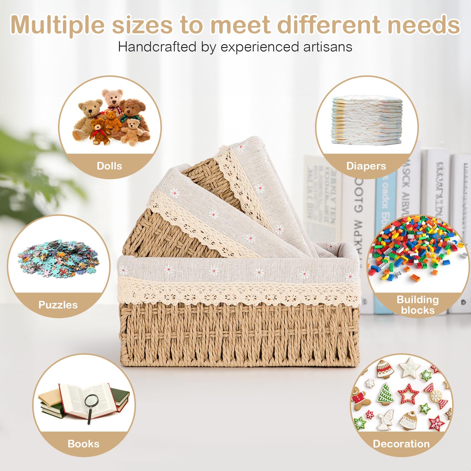 FoiiLiio Panier Rangement, Lot de 3 Paniers de Rangement Tressés, Paniers et boîtes de Rangement, Corbeille Rangement pour Salle de Bain, Cuisine, Organisateur Table a Langer Bebe (Beige)