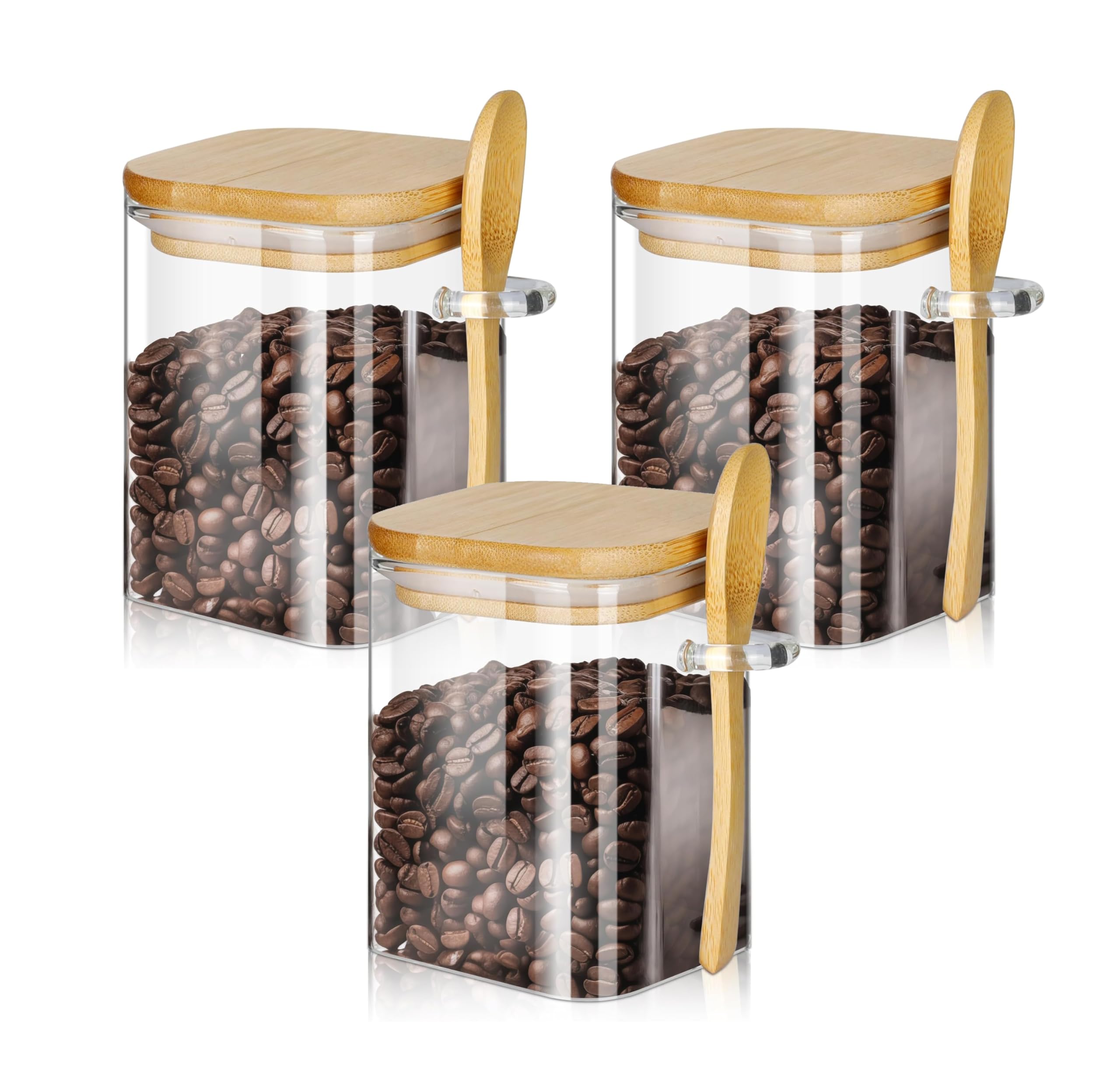 Moonmen Set of 3 Pcs Glass Storage Jar with Bamboo Lids and bamboo Spoon, Airtight Food Jars Kitchen Food Storage Containers For Serving Tea, Coffee, Flour, Sugar, Candy, Cookie, Spice (Square,1100ml)