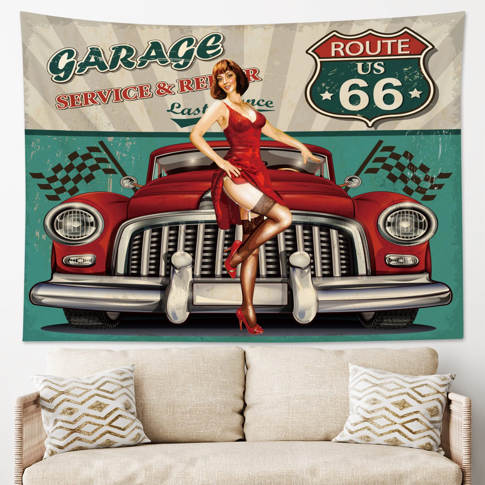 Amazon.co.jp: LB アメリカン レトロ タペストリー 美女と車 壁掛け