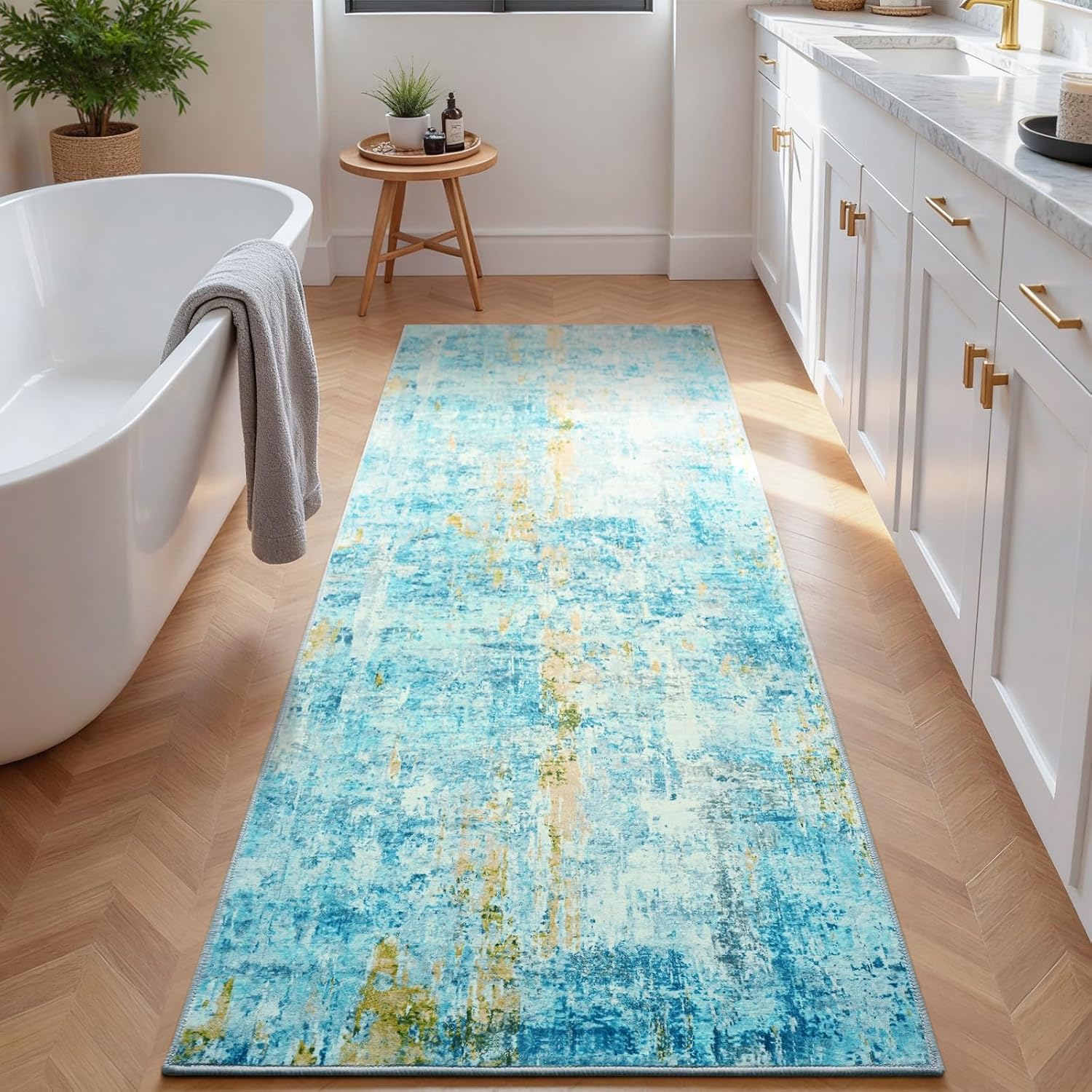Runner Rug for Kitchen Teal Blue Hallways Runner Rug Non Slip 2'6''x8' Washable Long Runner Rugs with Rubber Backing Soft Abstract Carpet Runner for Entryway, Kitchen, Bedroom, Bathroom - Image 3