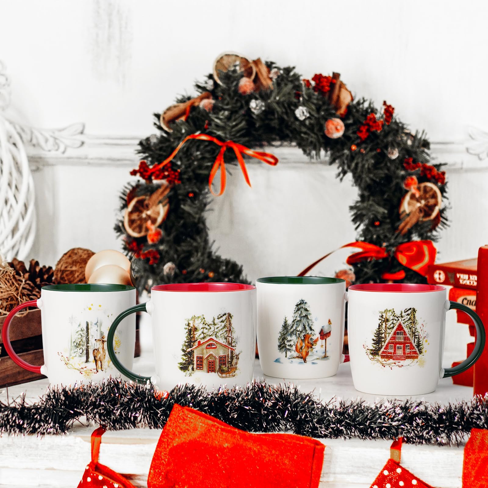Joymaking Juego de 4 tazas de café de Navidad, decoración para amigos