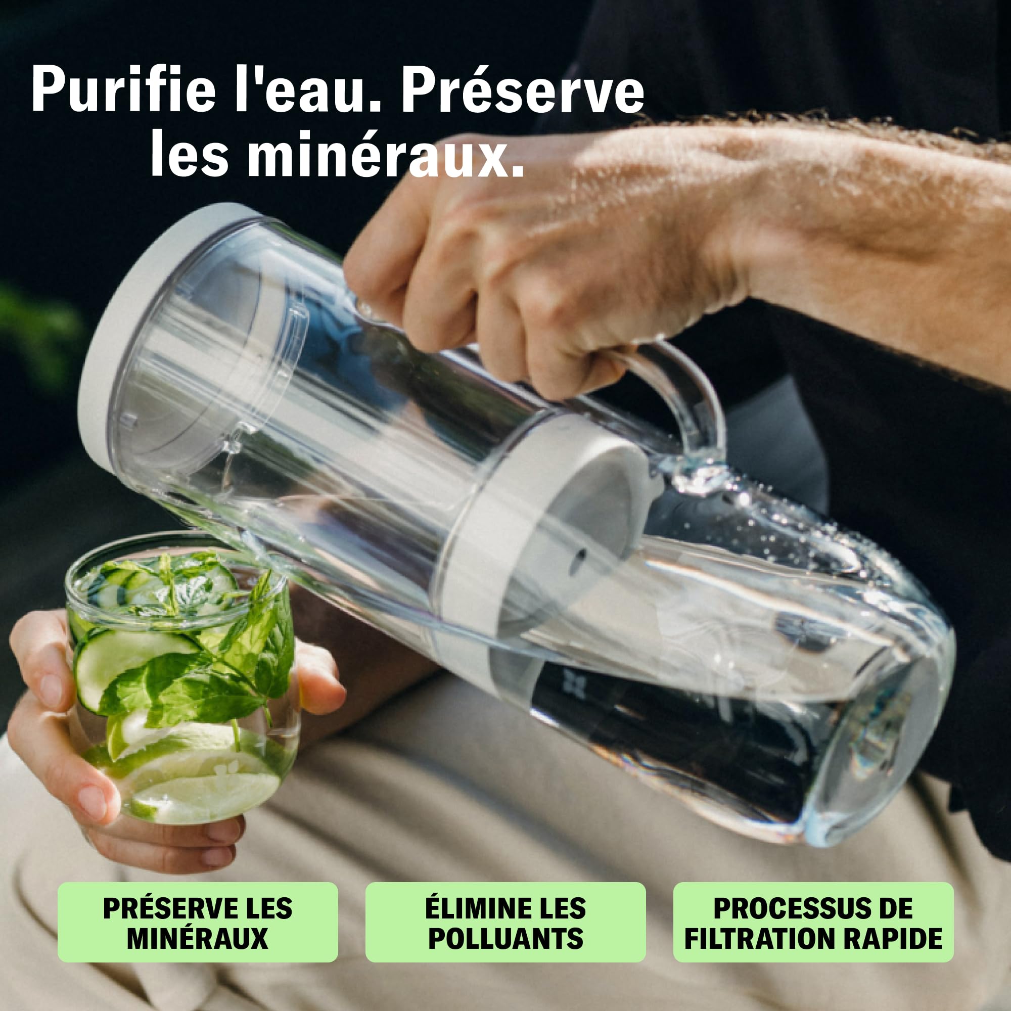 LUCY Carafe Filtrante 2L en Verre – Carafe d'Eau Filtrante avec Filtre à Eau au Charbon Actif – Purifie l'Eau du Robinet (Calcaire, Chlore, Plomb) – Préserve les Minéraux – 1 Filtre Inclus – Sans BPA