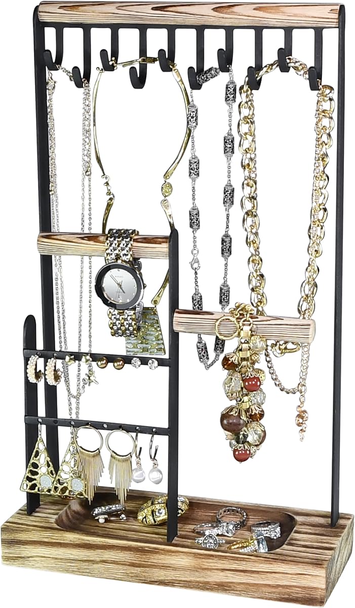 AMT Jewelry Organizer Stand, Wooden Tray, 14" Extra Tall | Earrings, Necklace & Bracelet Holder Organizer Display (Carbonized Black & Black, 10 Hooks)